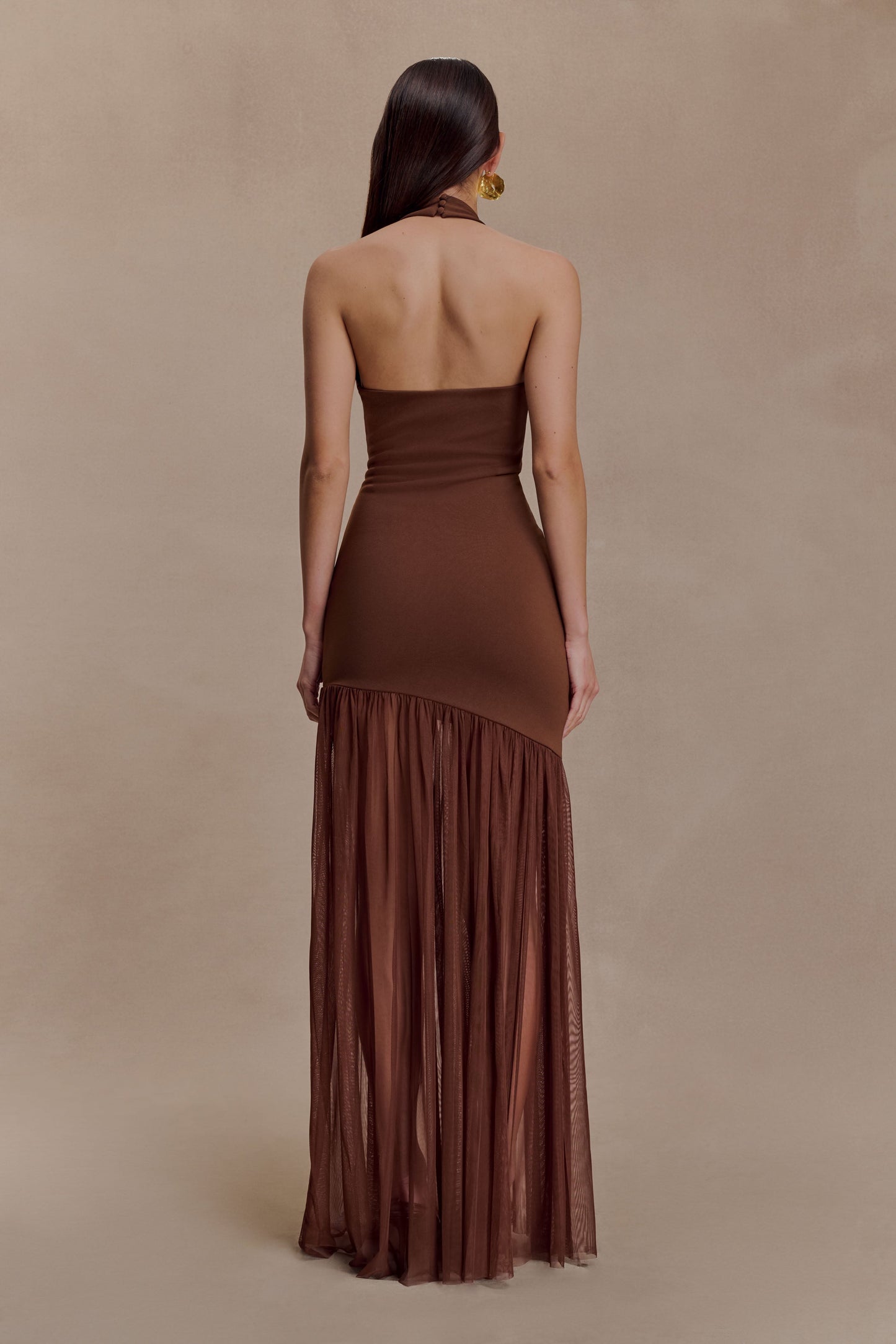 Aubree Crepe And Mesh Maxi Dress - Chocolate/Mocha