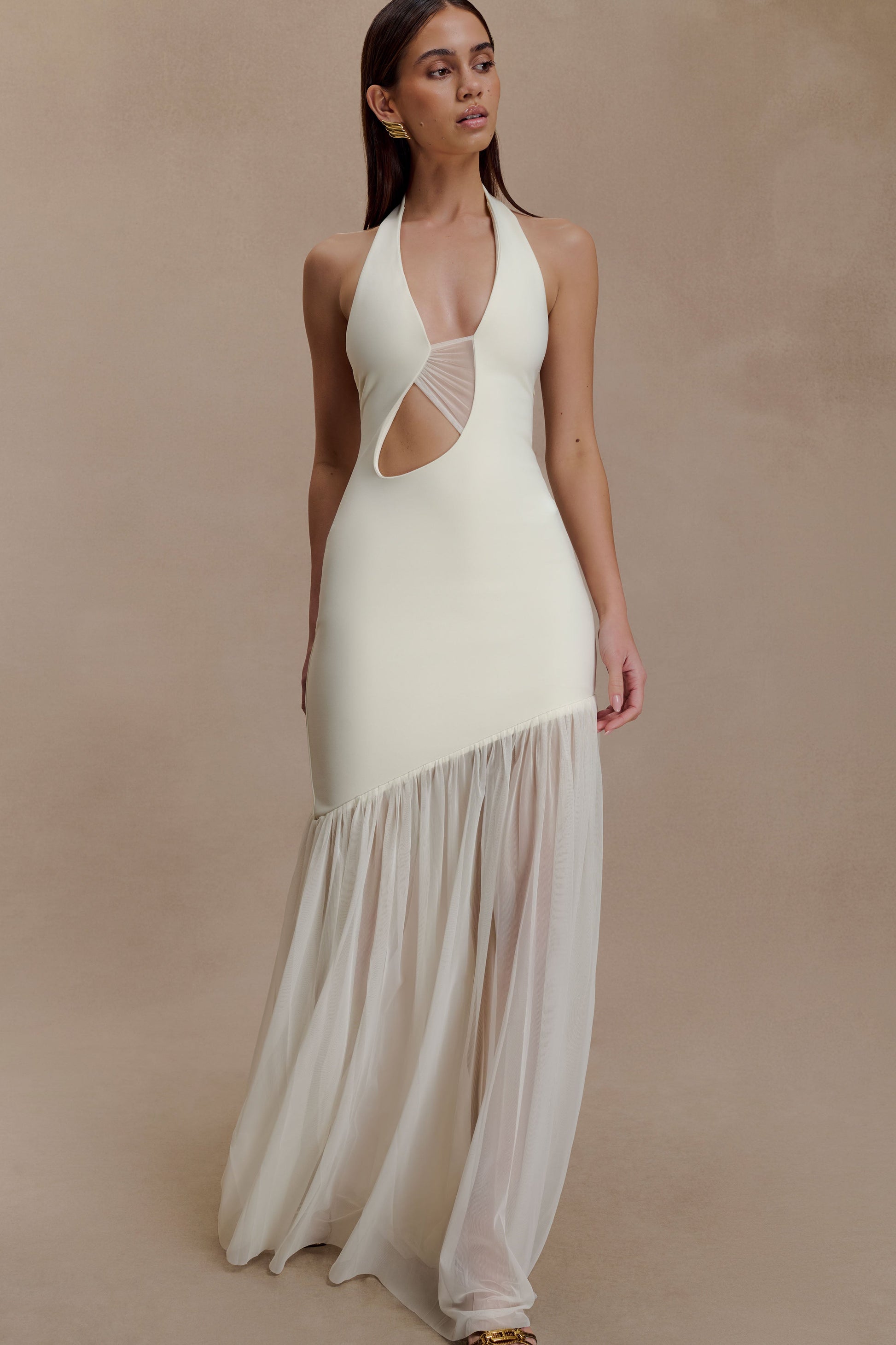 mesh maxi dress uk Aubree Crepe And Mesh Maxi Dress - Ivory