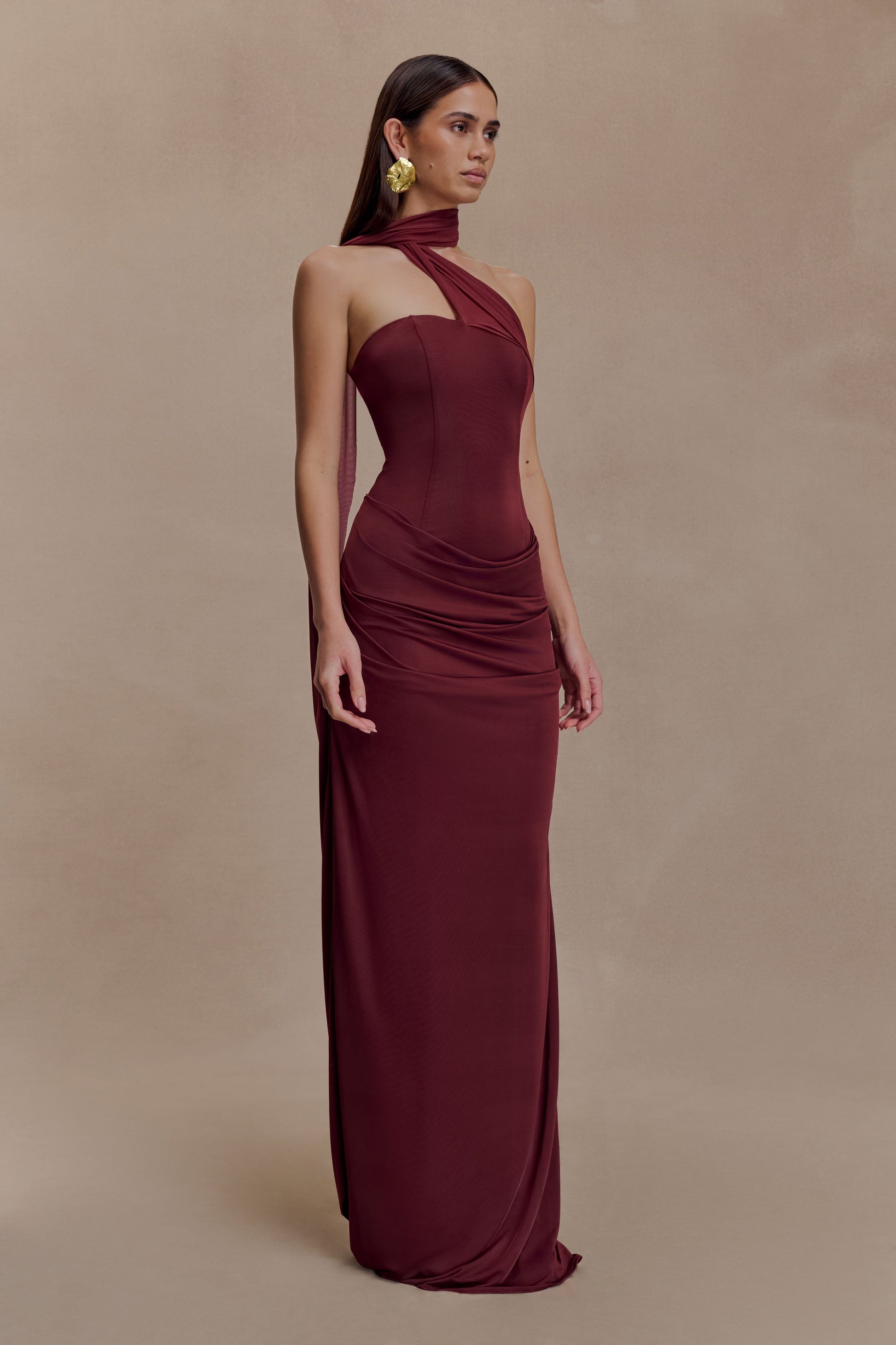 Mattea Slinky And Mesh Maxi Dress With Scarf - Burgundy | MESHKI UK Mattea Slinky And Mesh Maxi Dress With Scarf - Burgundy | MESHKI UK