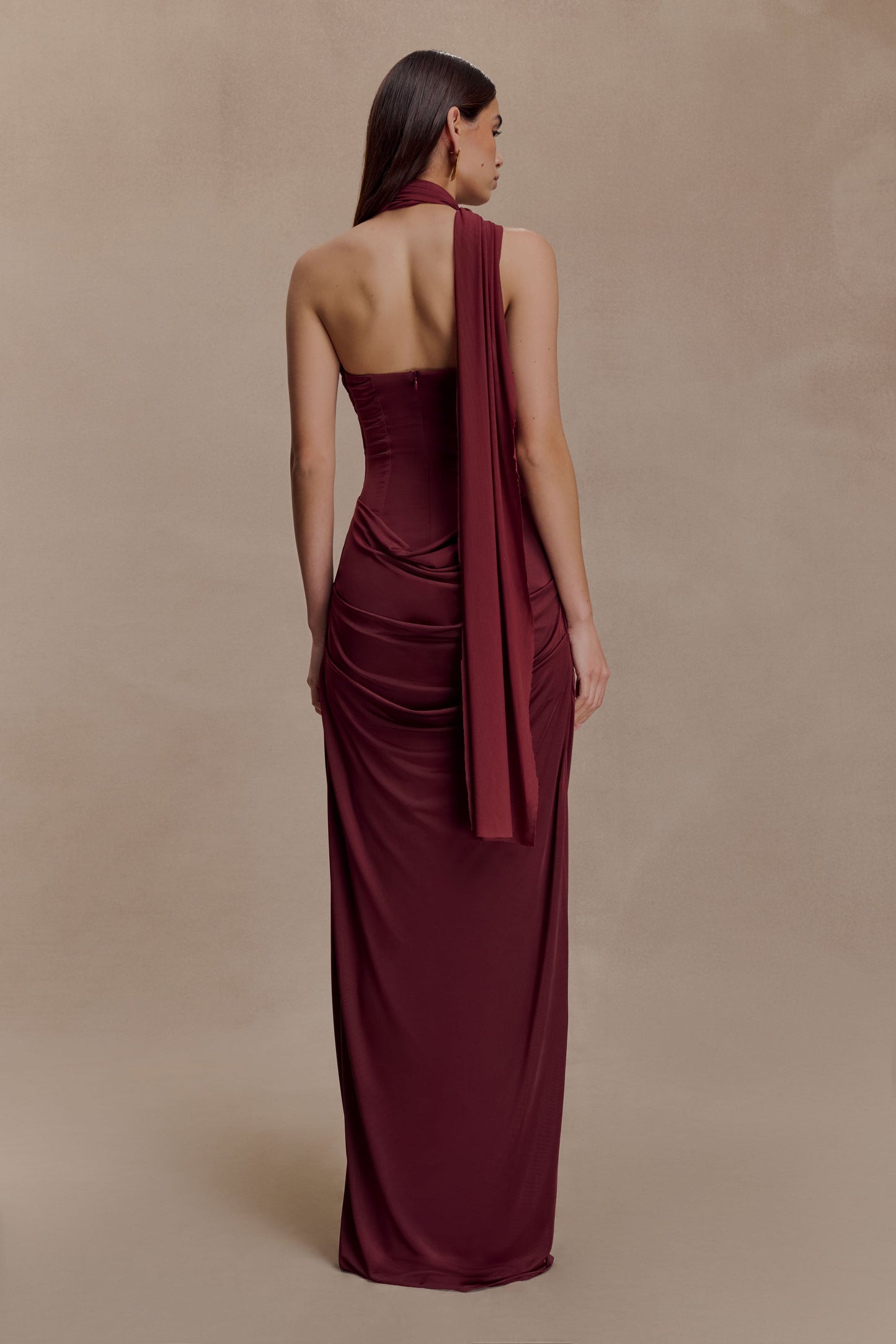 Mattea Slinky And Mesh Maxi Dress With Scarf - Burgundy