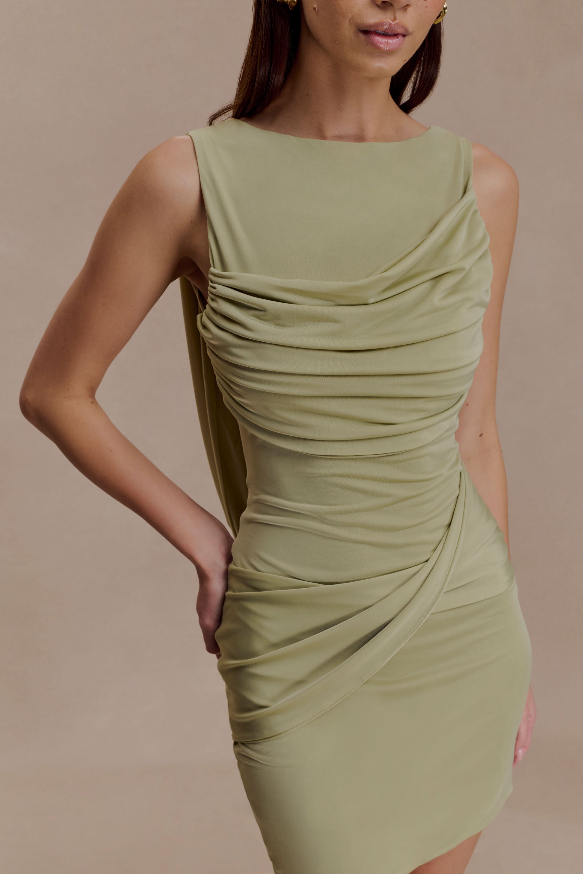 Henley Slinky Drape Mini Dress - Sage #3