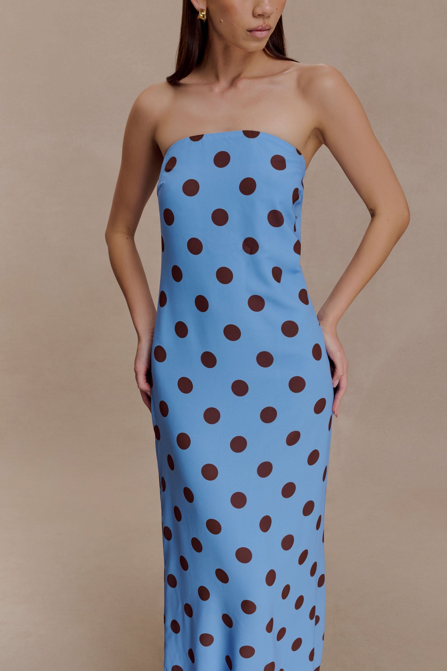 Amaya Strapless Chiffon Maxi Dress - Blue Polka Dot