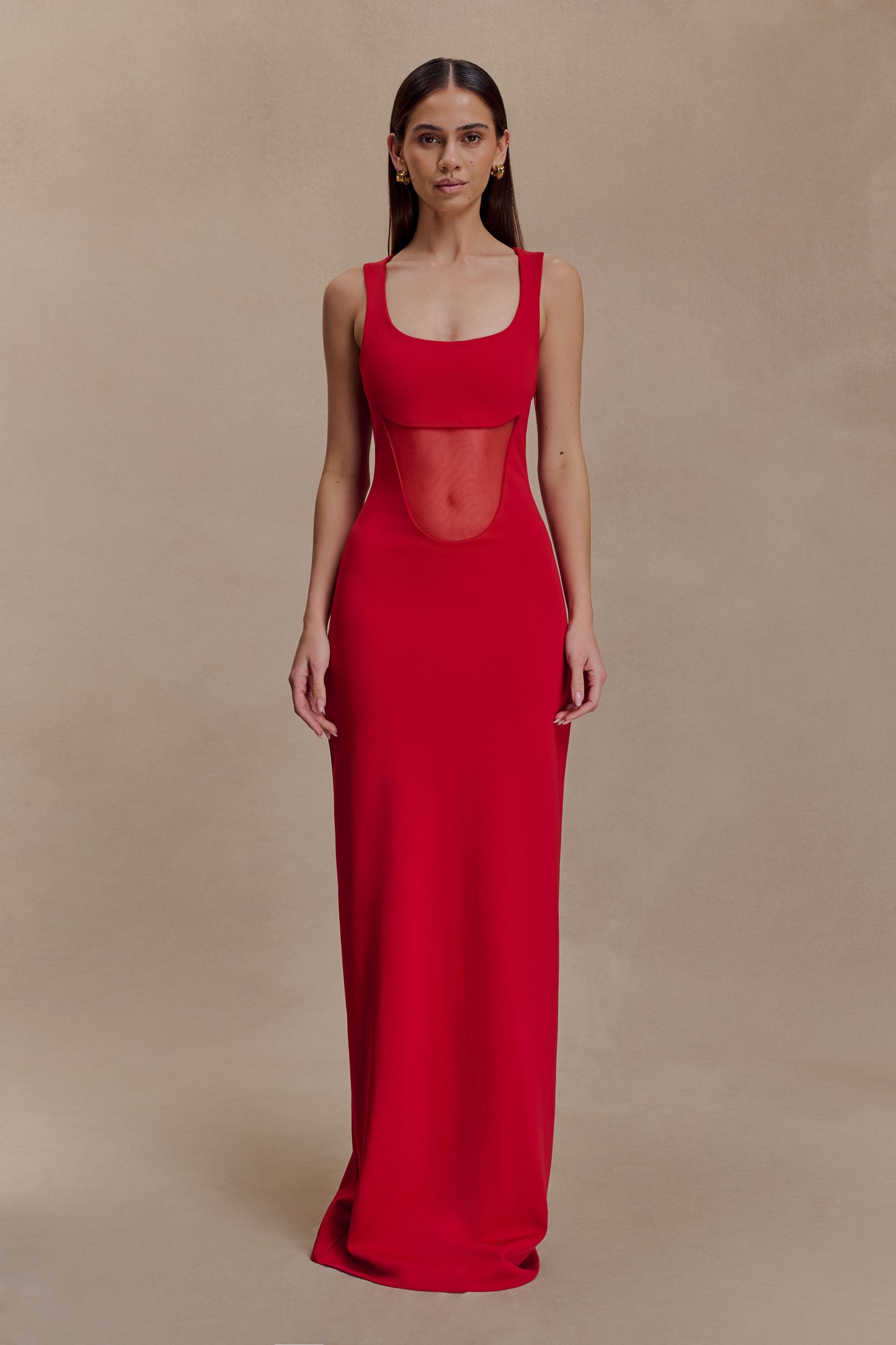 Marlon Crepe And Mesh Maxi Dress - Cherry Red