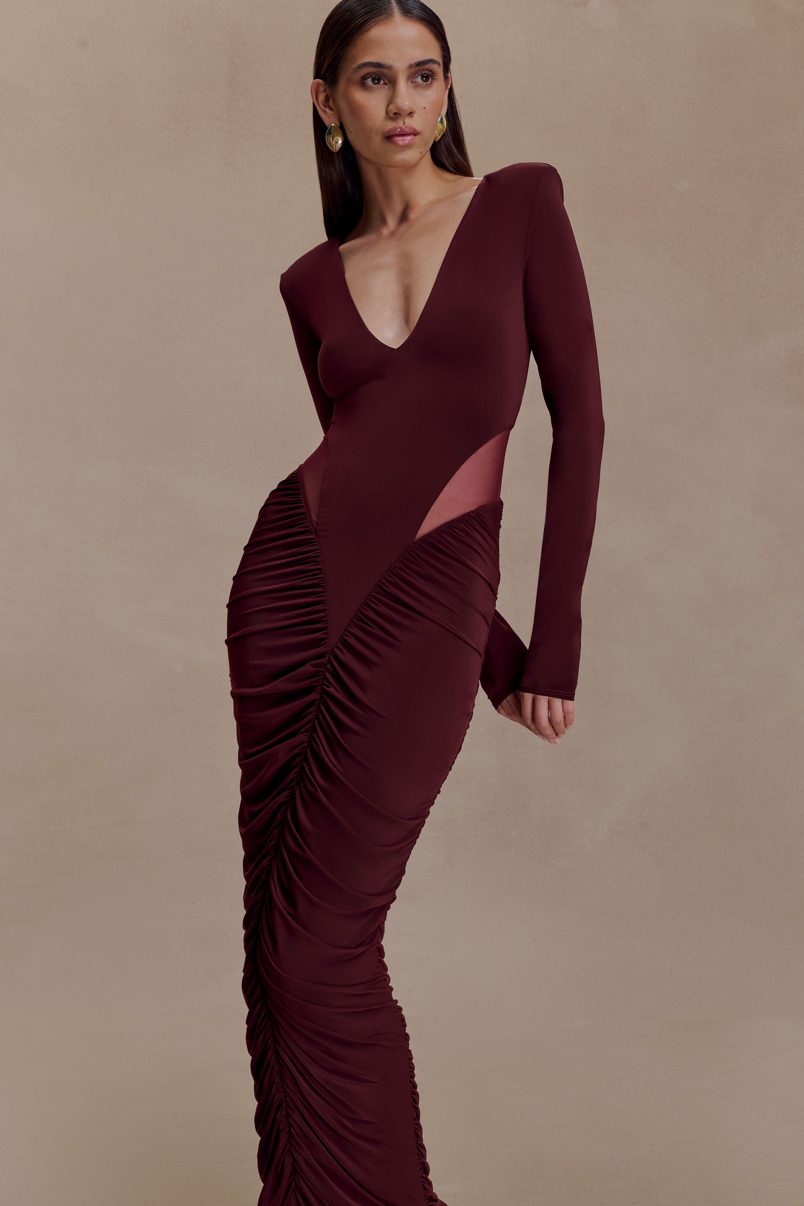 Louanne Slinky Long Sleeve Maxi Dress - Burgundy | MESHKI UK