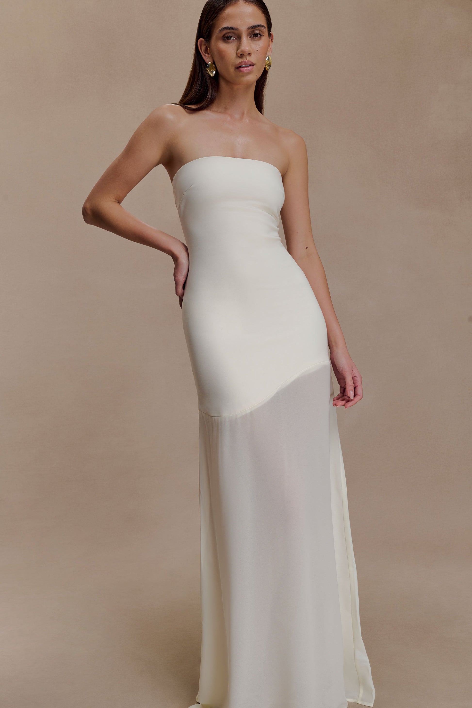 Mason Crepe And Chiffon Maxi Dress - Ivory | MESHKI UK Mason Crepe And Chiffon Maxi Dress - Ivory | MESHKI UK