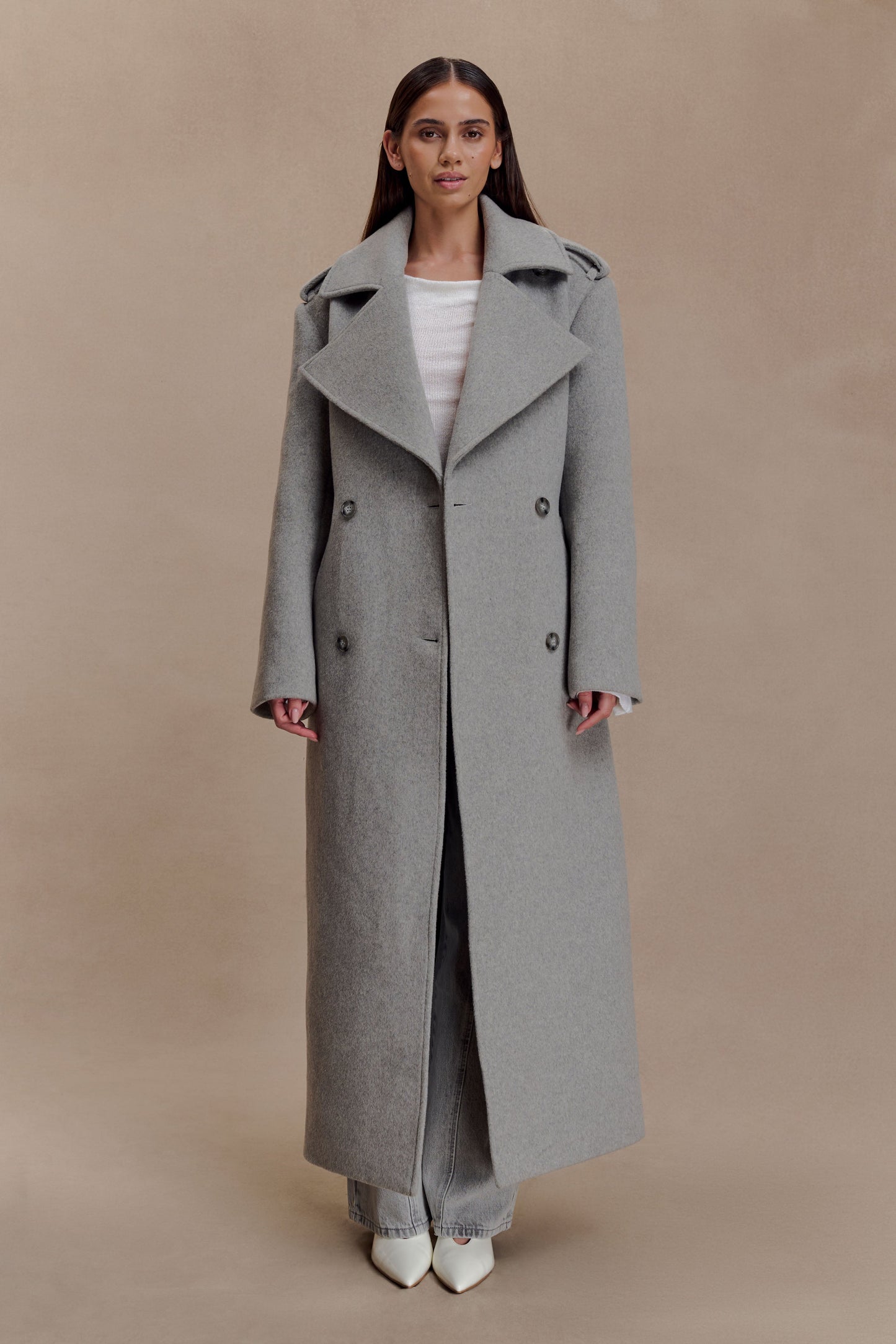 Levi Long Trench Wool Coat - Grey Marle