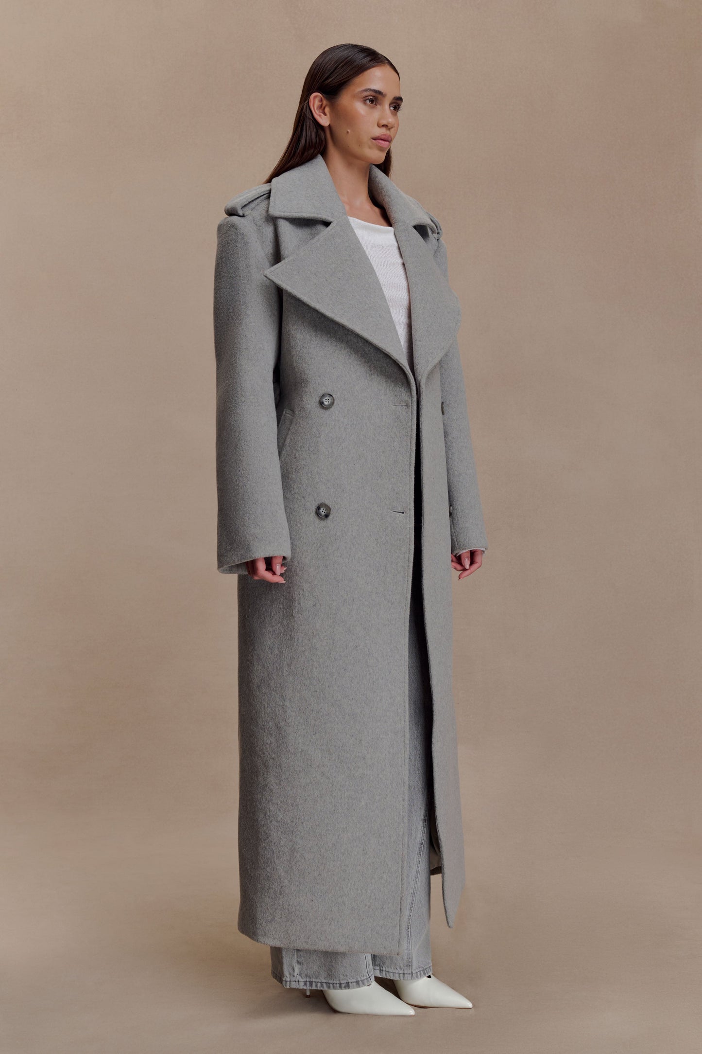 Levi Long Trench Wool Coat - Grey Marle