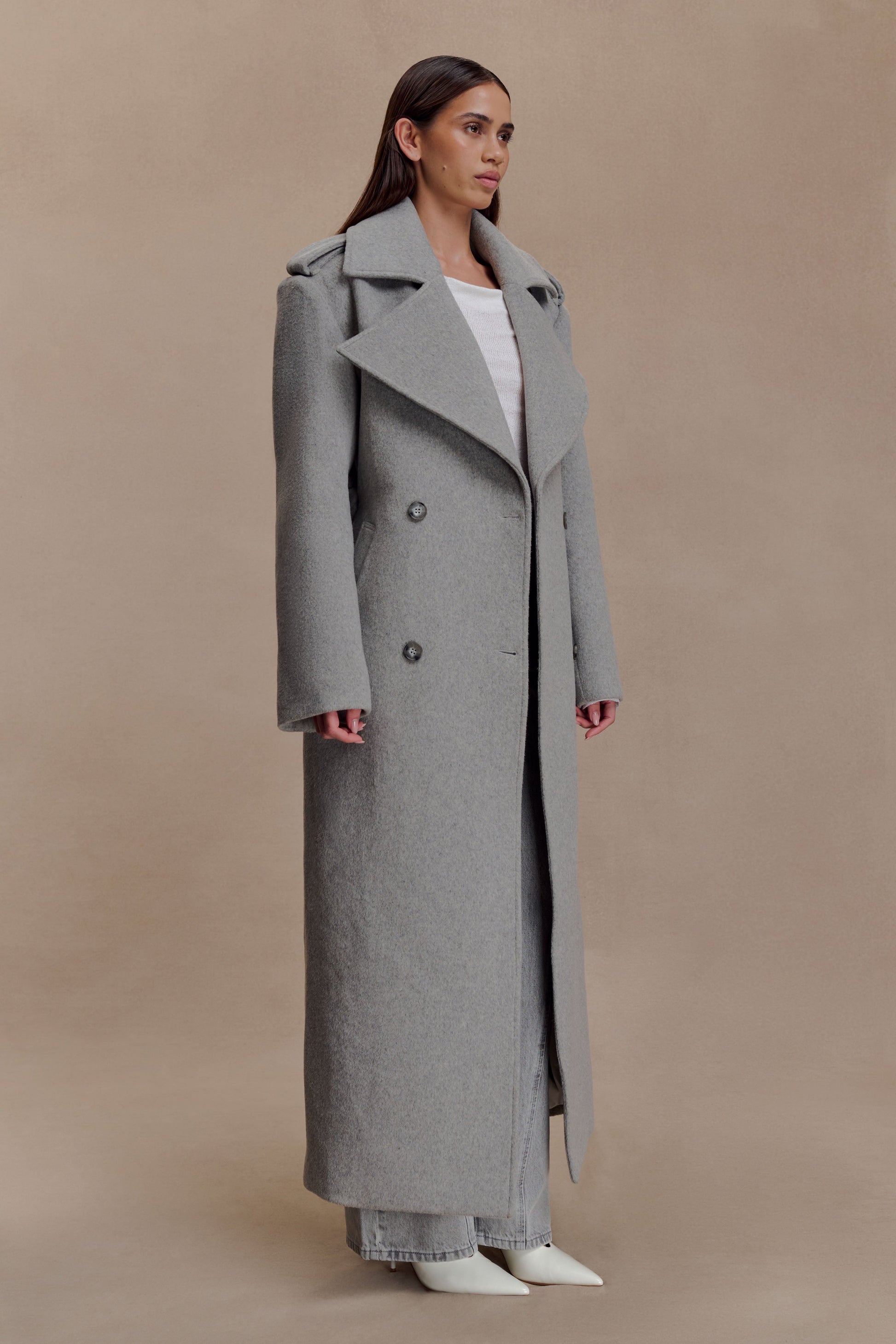 Levi Long Trench Wool Coat - Grey Marle #5