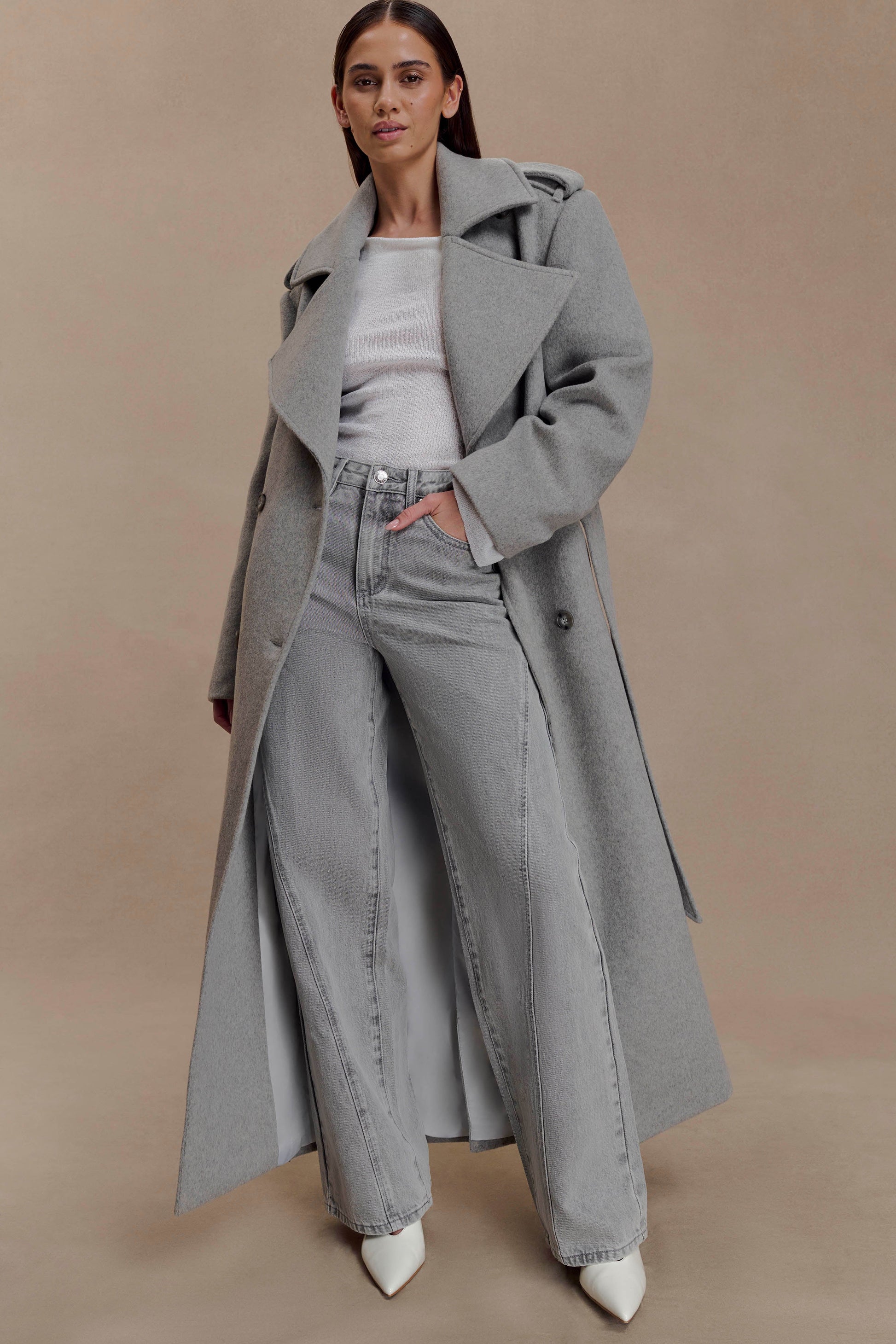 Levi Long Trench Wool Coat - Grey Marle #4