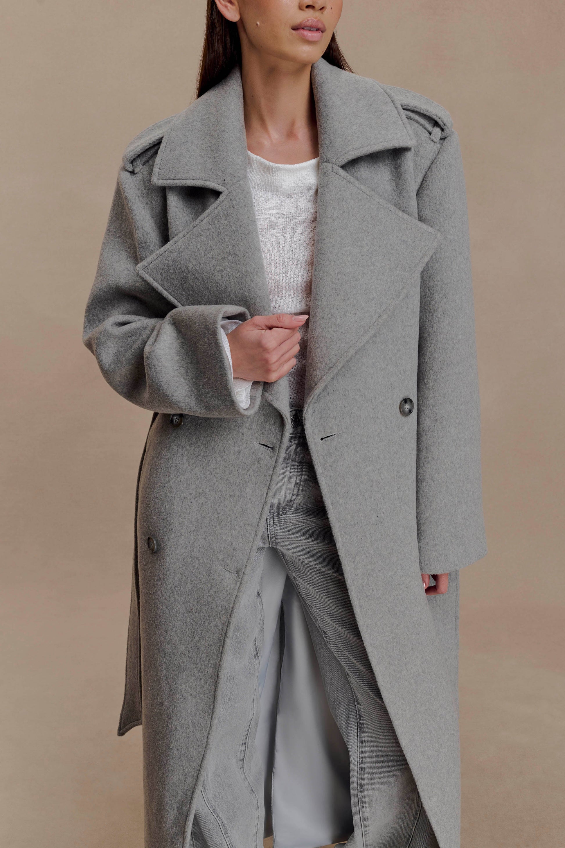 Levi Long Trench Wool Coat - Grey Marle #8