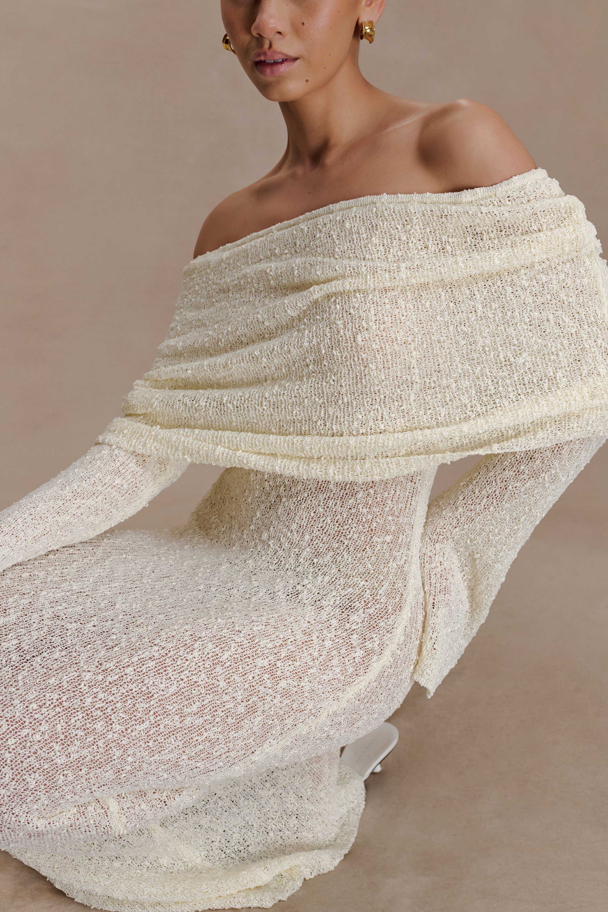 Marisol Off Shoulder Boucle Maxi Dress - Ivory #3