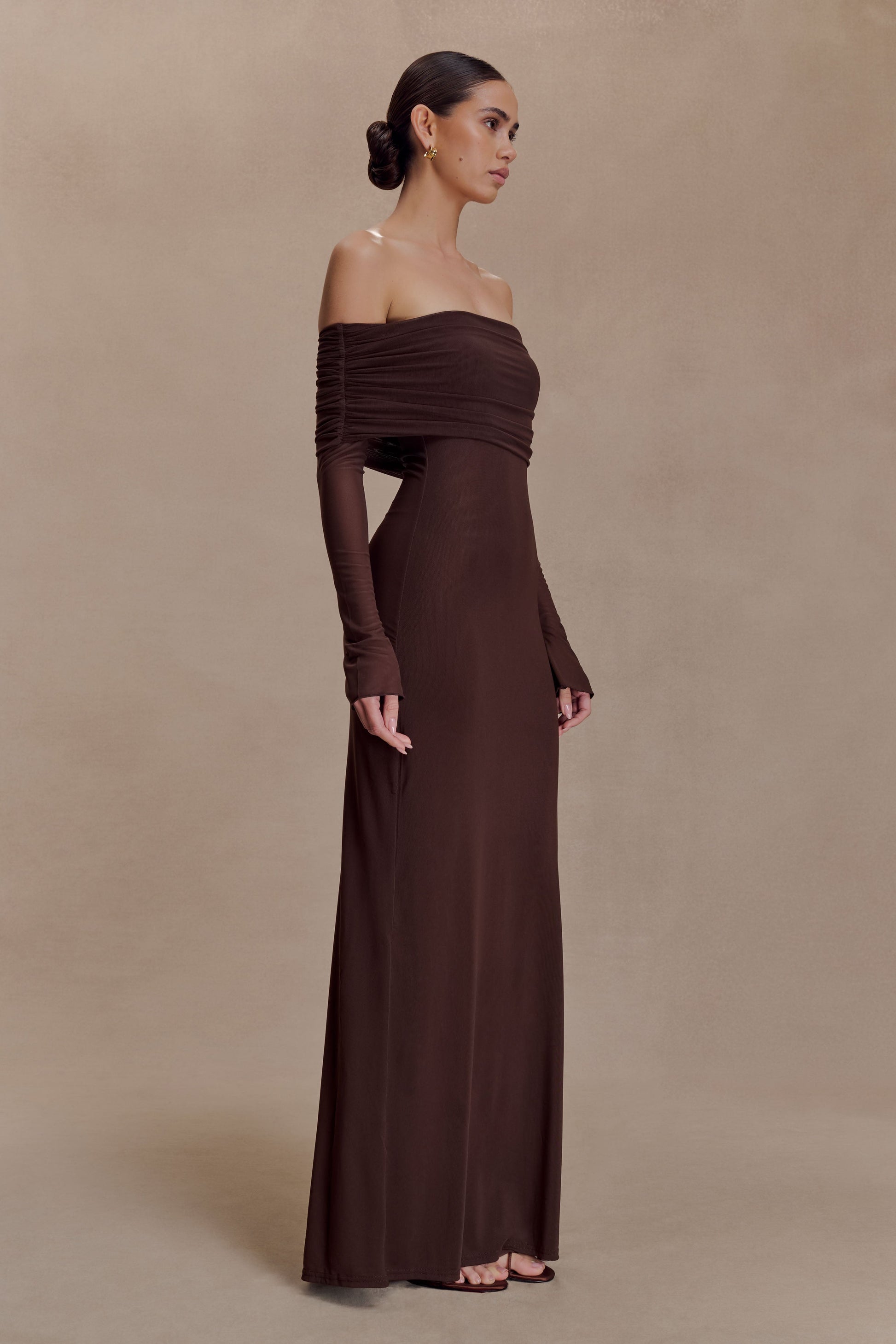 Josie Off Shoulder Mesh Maxi Dress - Dark Brown #5
