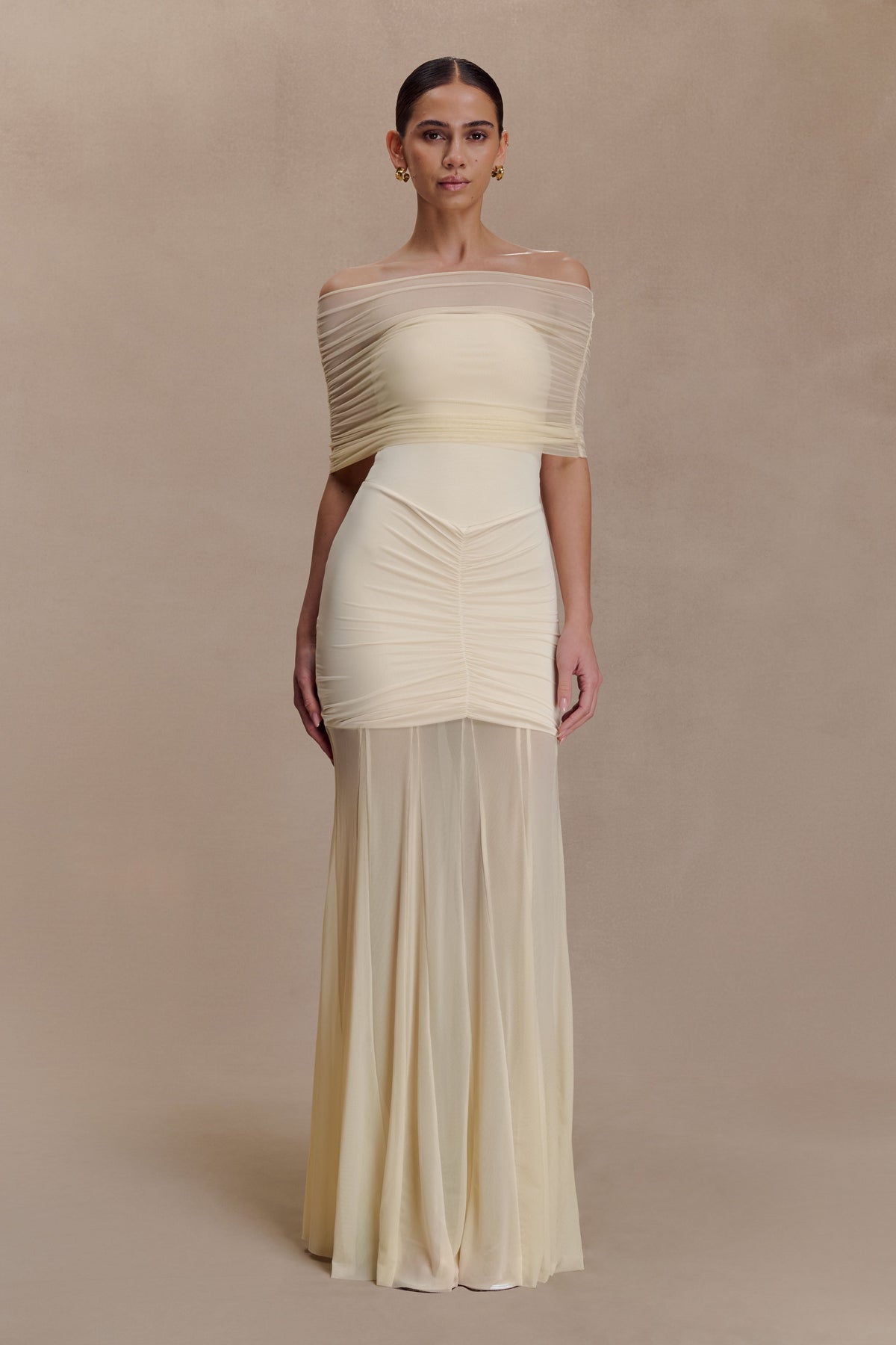 Caspian Slinky And Mesh Off Shoulder Maxi Dress - Ivory #2