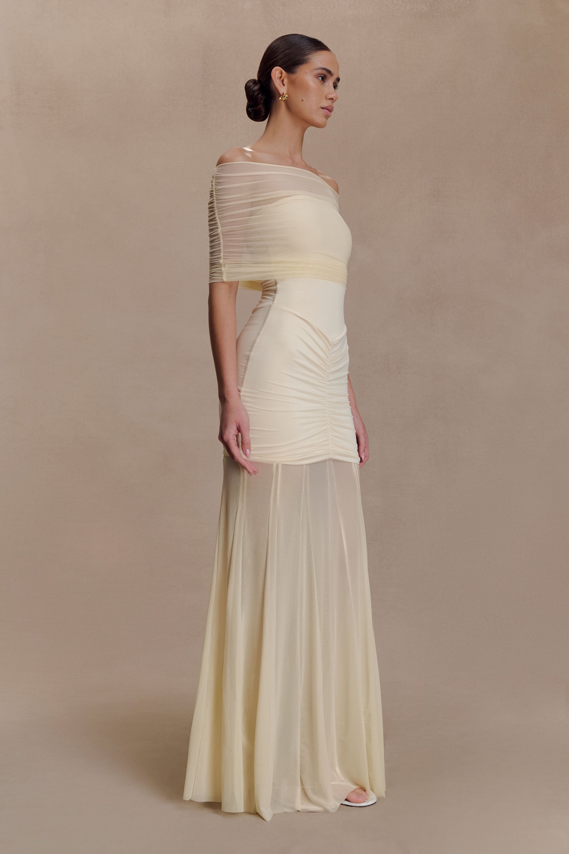 Caspian Slinky And Mesh Off Shoulder Maxi Dress - Ivory #5
