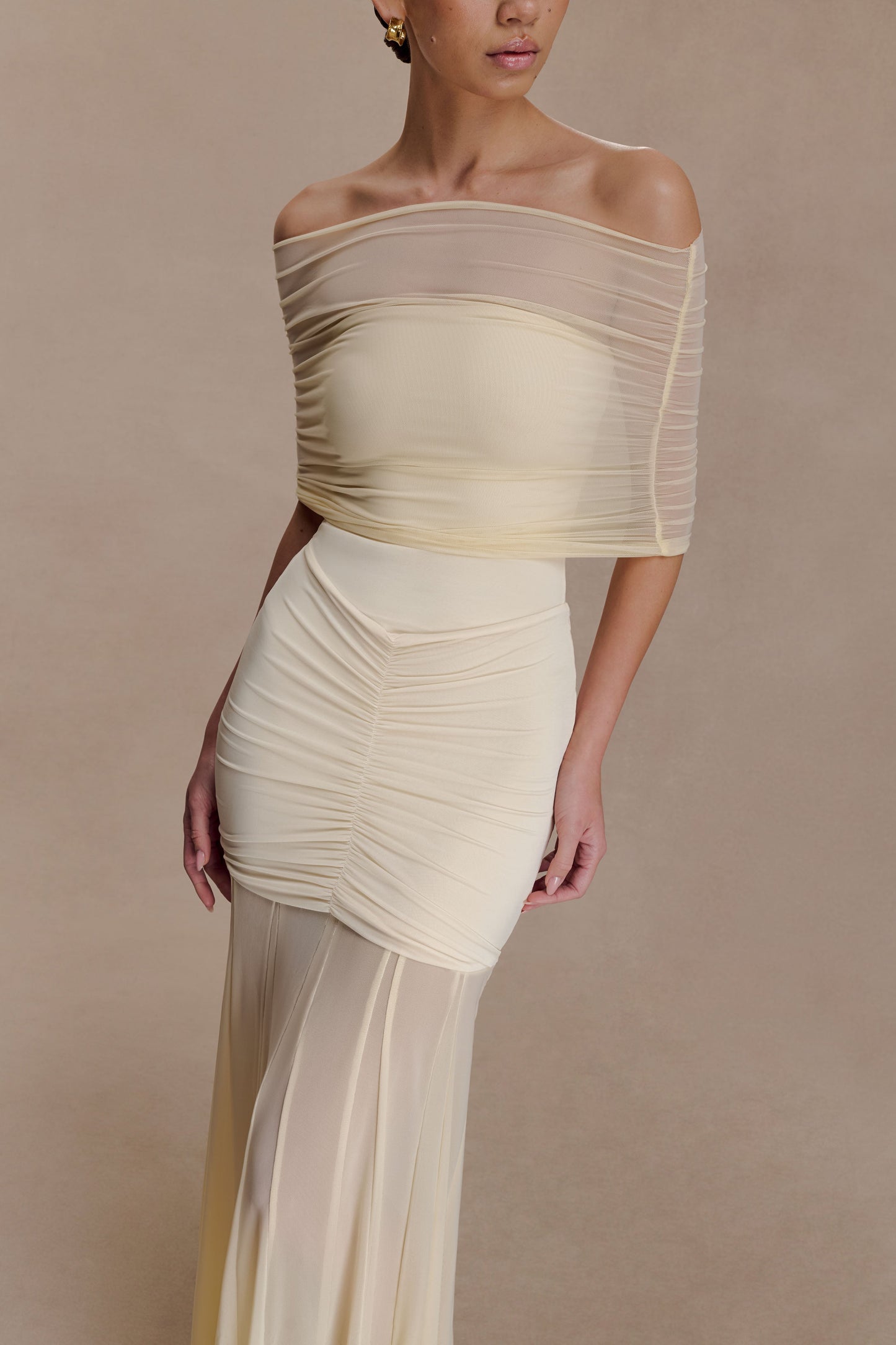 Caspian Slinky And Mesh Off Shoulder Maxi Dress - Ivory
