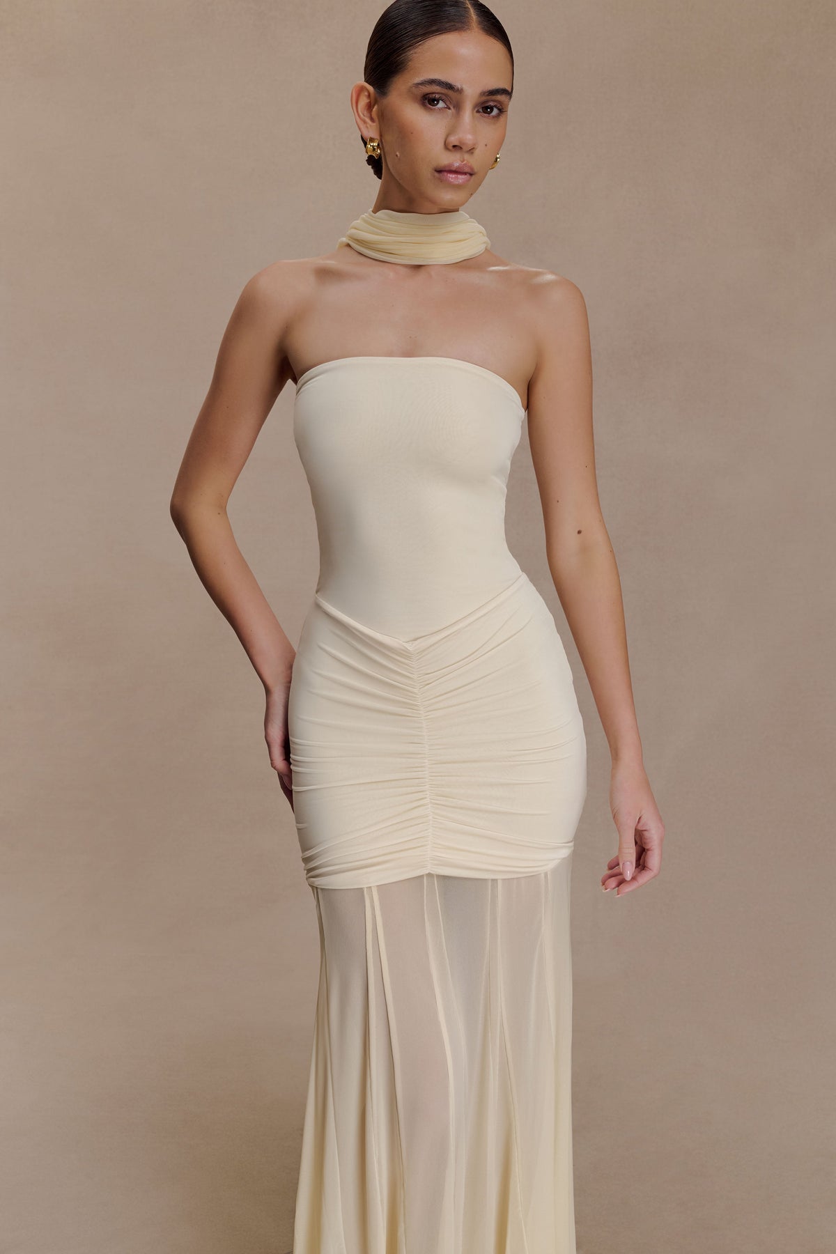 Caspian Slinky And Mesh Off Shoulder Maxi Dress - Ivory #6