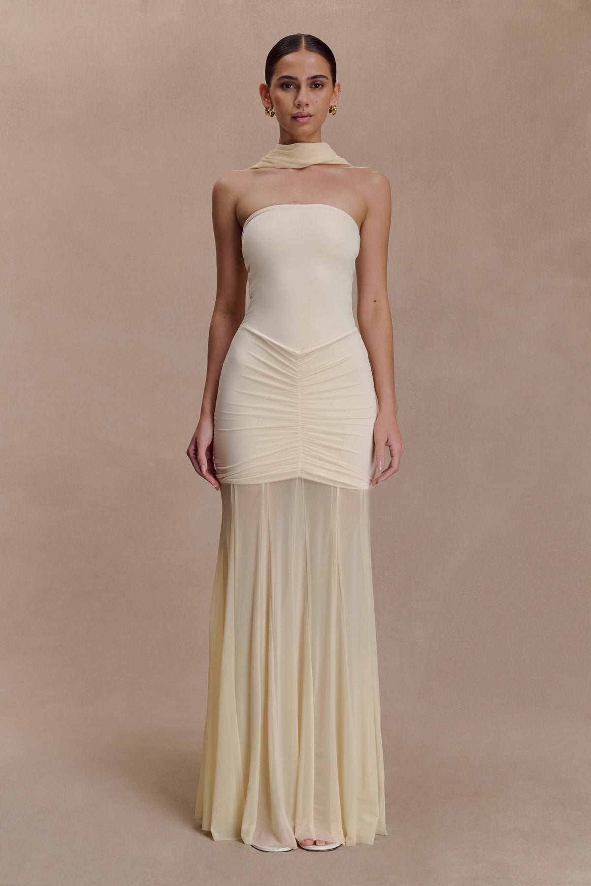 Caspian Slinky And Mesh Off Shoulder Maxi Dress - Ivory #7