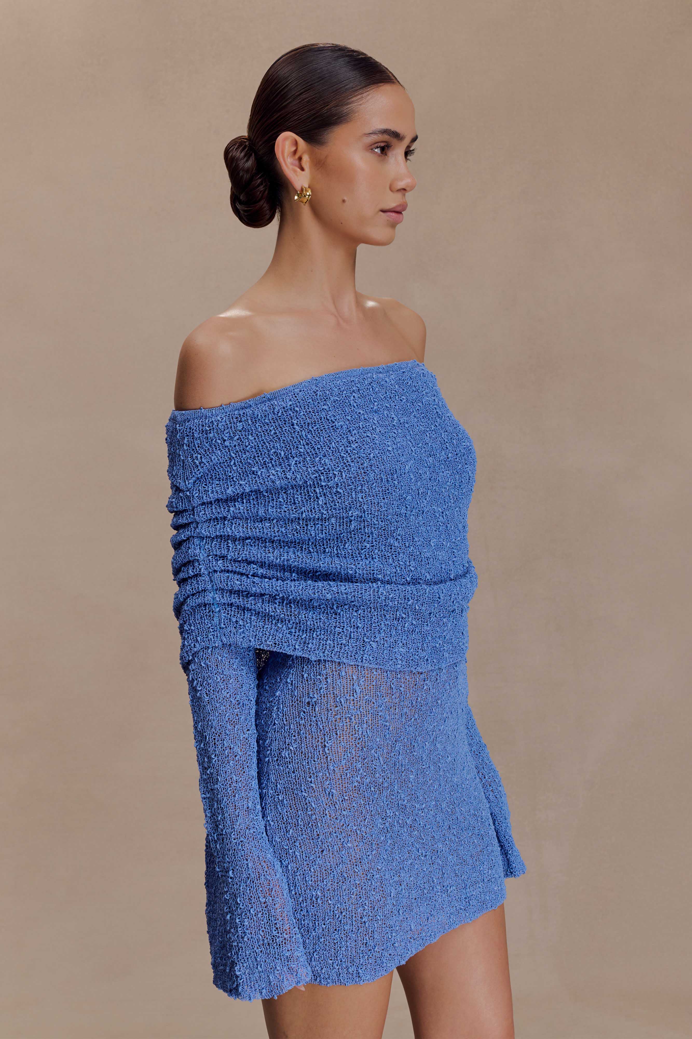 Marisol Off Shoulder Boucle Mini Dress - Periwinkle | MESHKI UK
