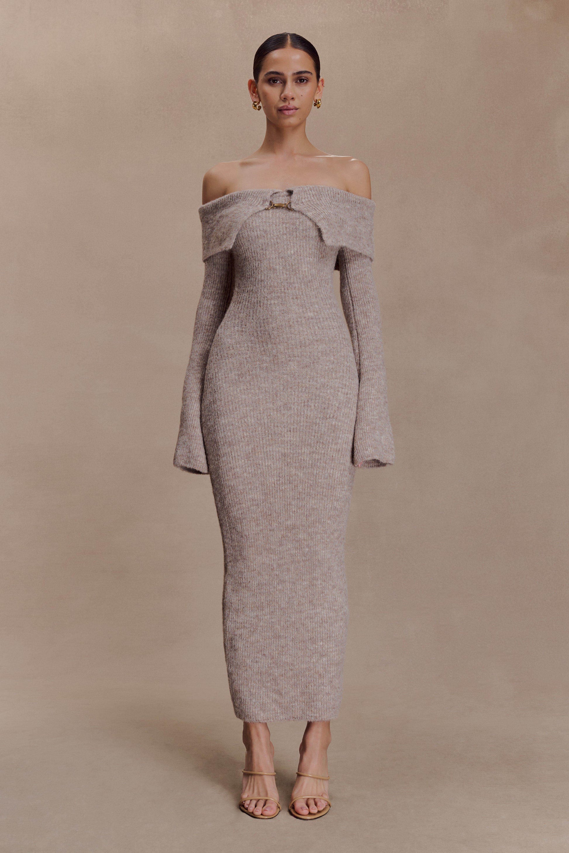 Baxter Off Shoulder Fluffy Knit Midi Dress - Taupe Marle #2