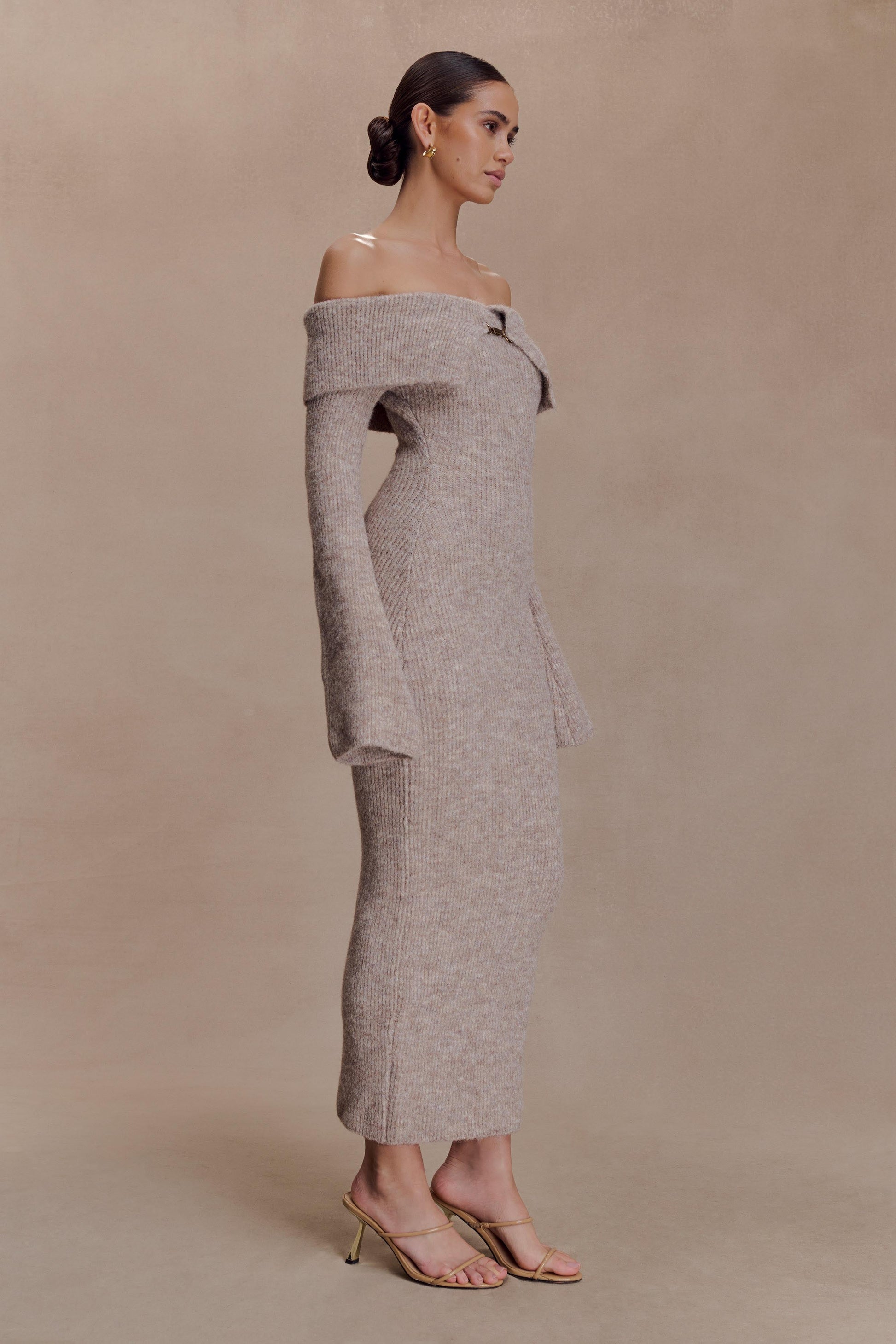 Baxter Off Shoulder Fluffy Knit Midi Dress - Taupe Marle #6