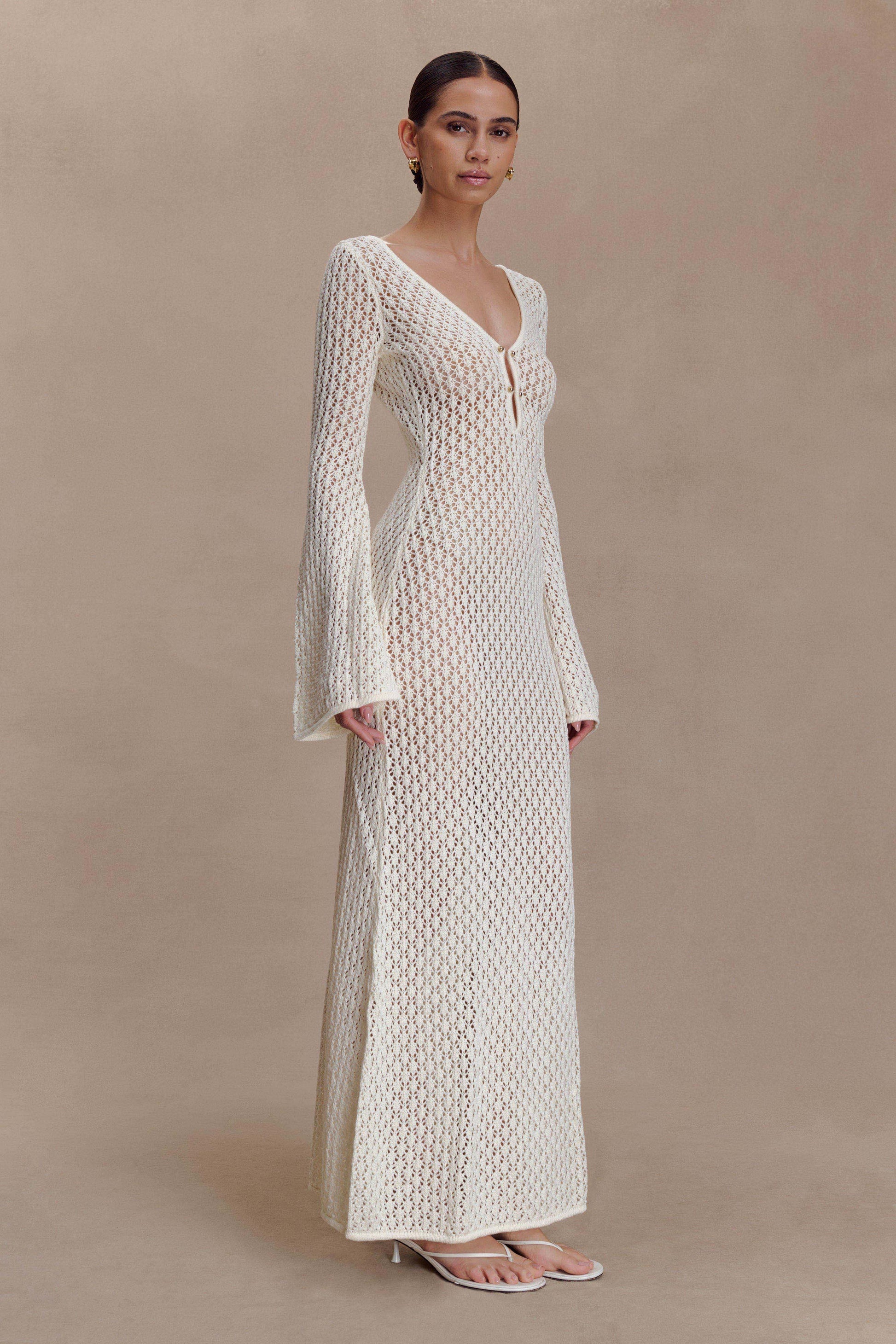 Kayleigh Crochet Fishtail Flare Sleeve Maxi Dress - White #5