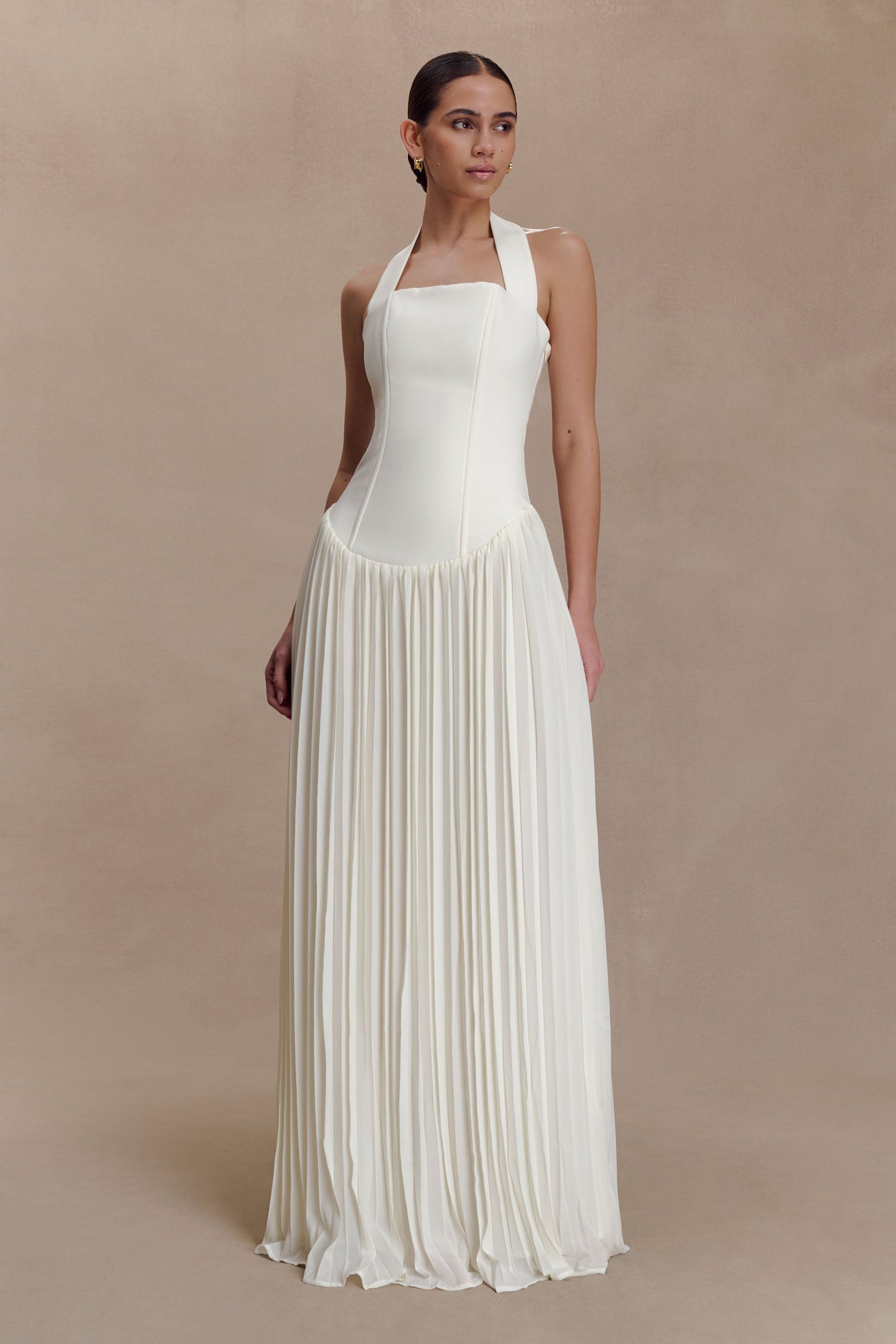 Stacie Pleated Halter Maxi Dress - Ivory