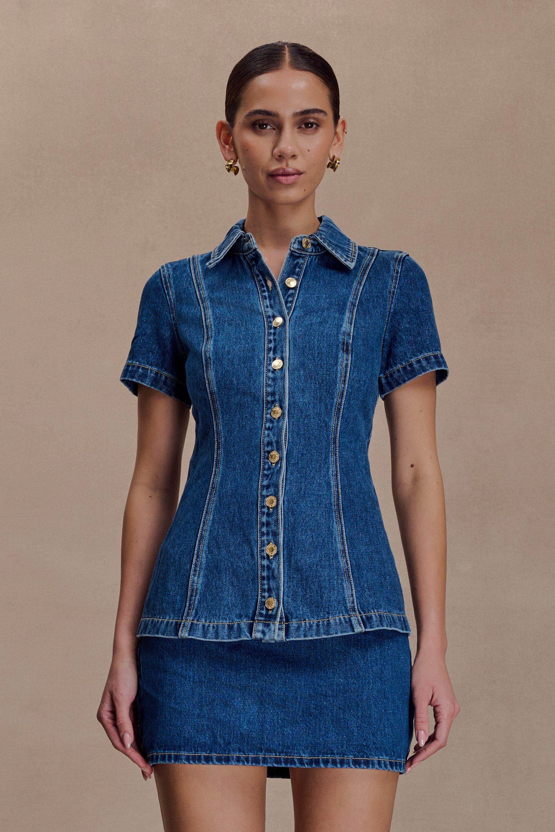 Ellie Denim Short Sleeve Top - Dark Blue