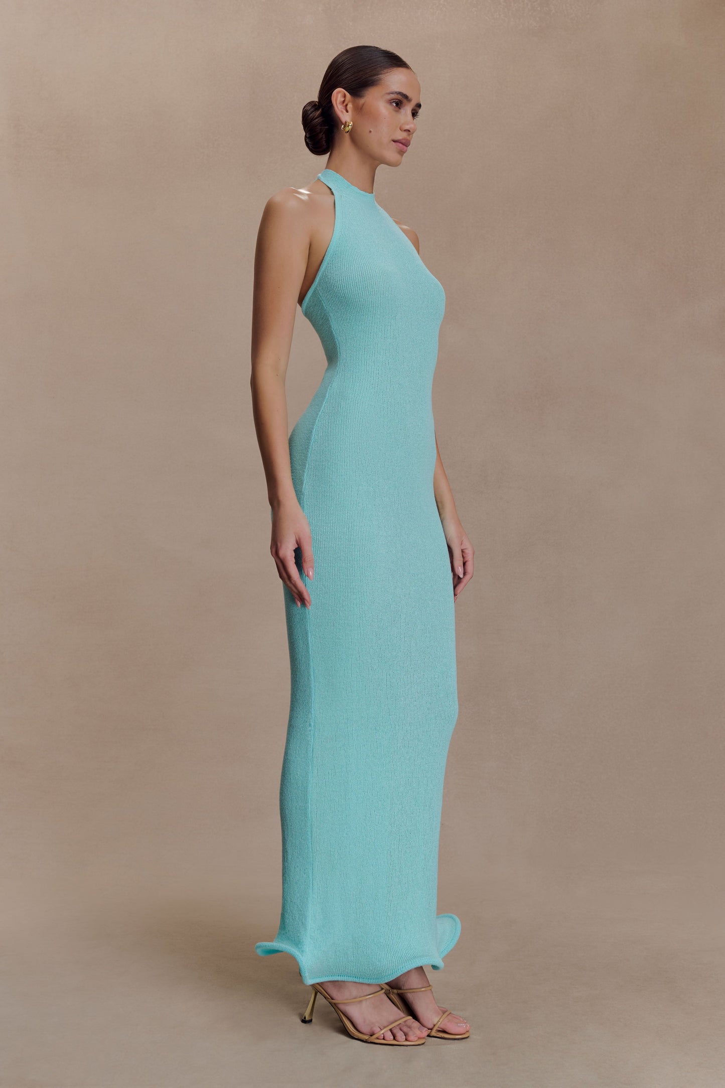 Melodie Halter Knit Maxi Dress - Cyan Blue