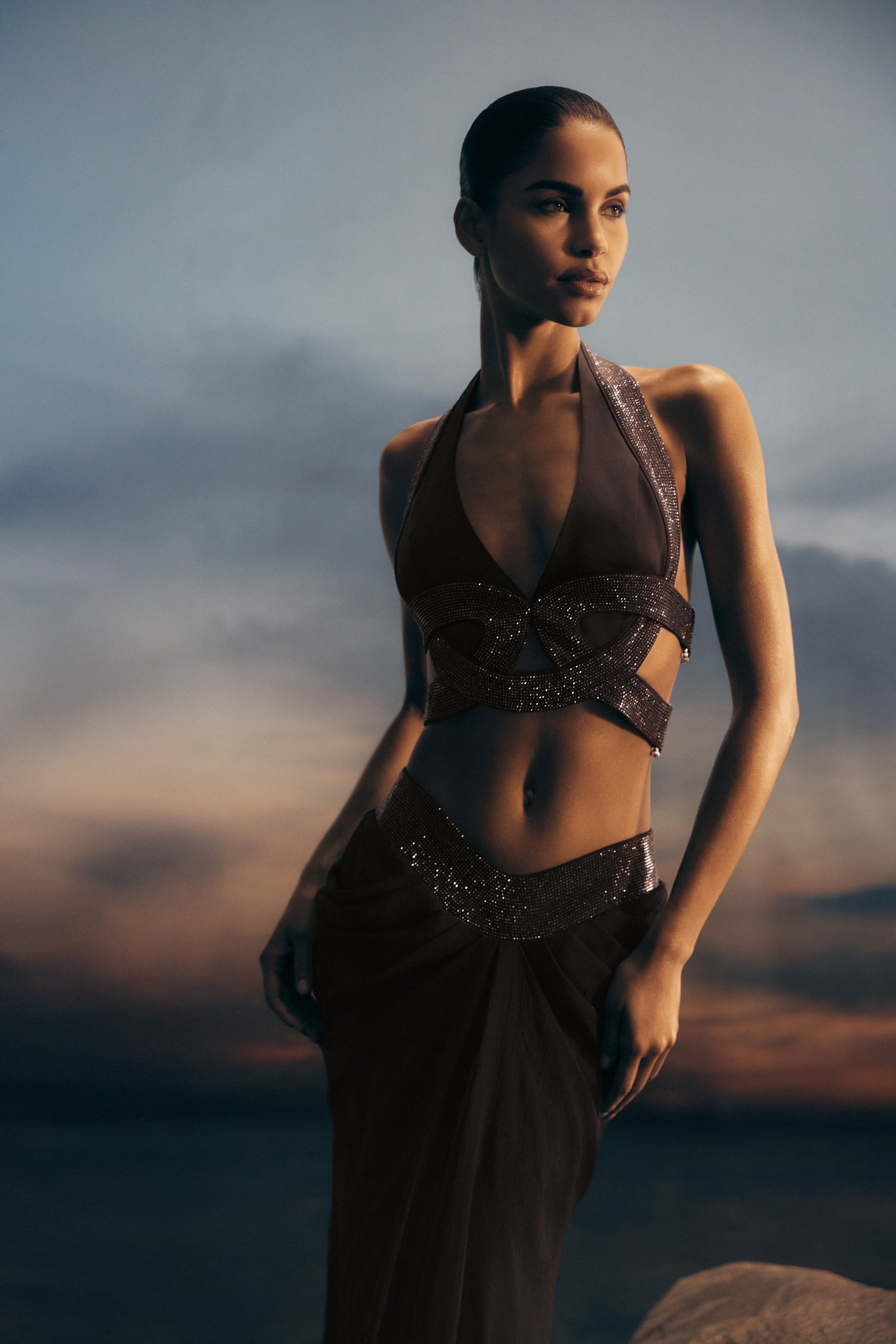 Siren Satin And Diamante Halter Top - Dark Chocolate | MESHKI UK