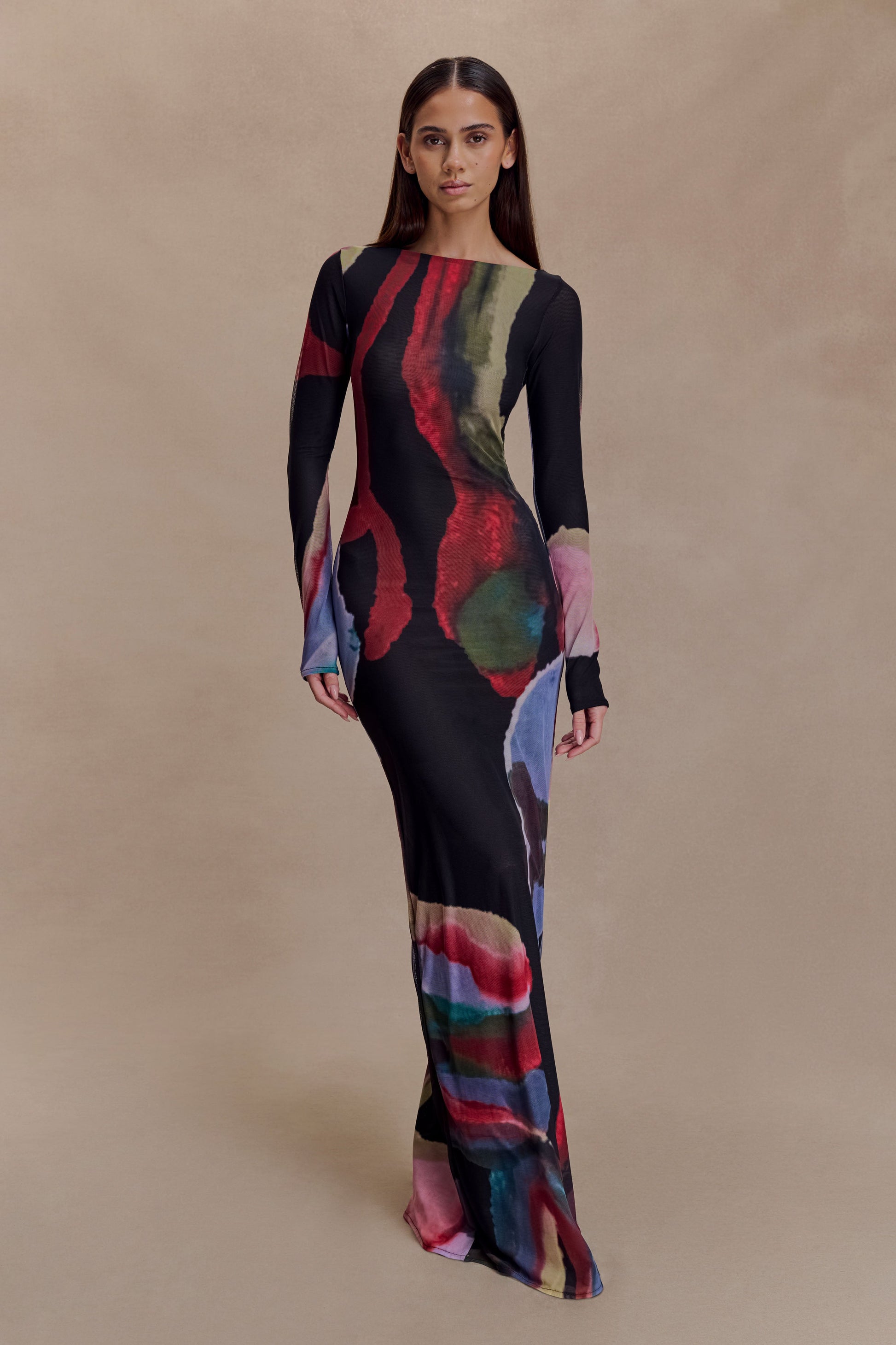 Soraya Long Sleeve Mesh Maxi Dress - Multi Fluid Reverie Print | MESHKI UK Soraya Long Sleeve Mesh Maxi Dress - Multi Fluid Reverie Print | MESHKI UK