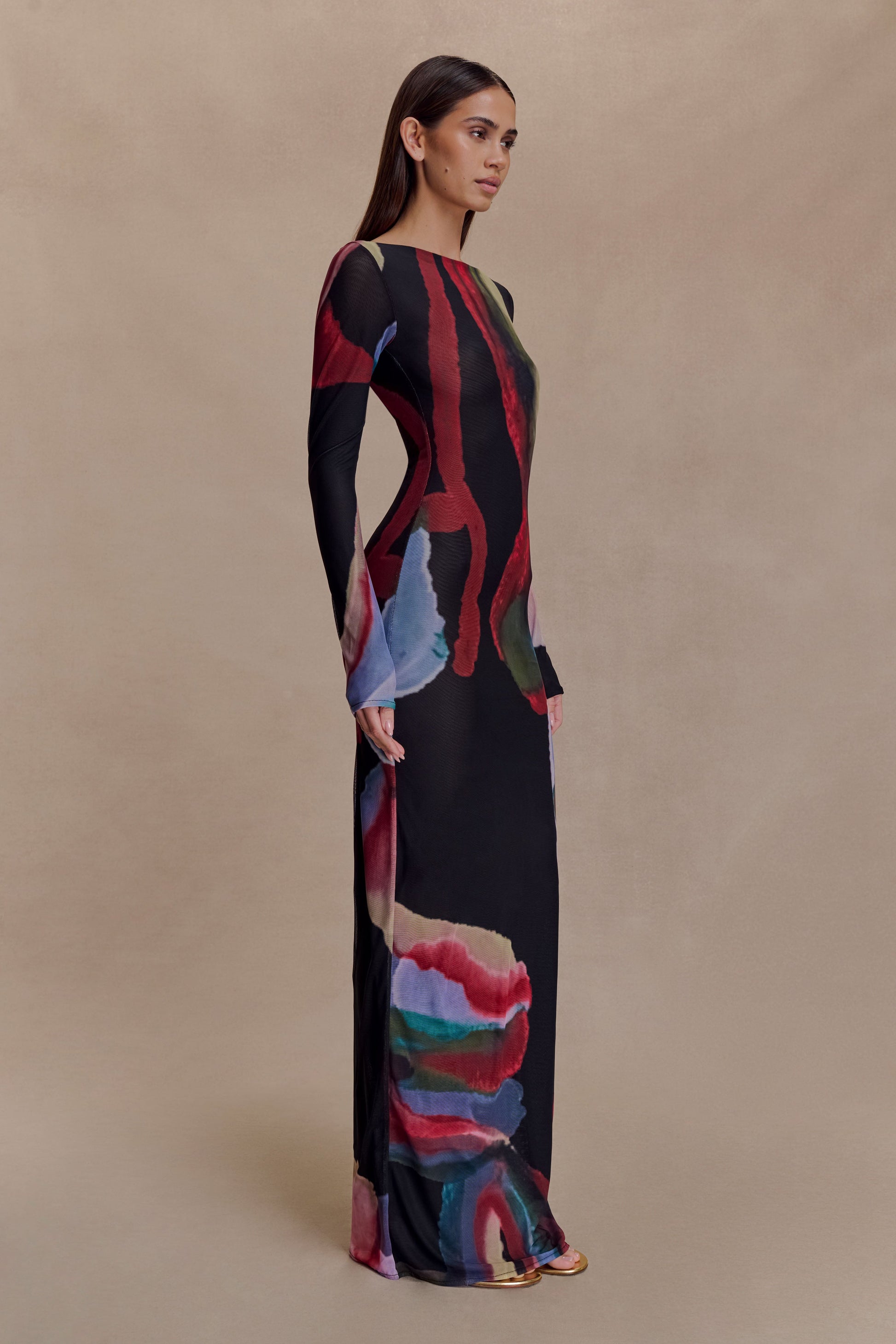 Soraya Long Sleeve Mesh Maxi Dress - Multi Fluid Reverie Print #5