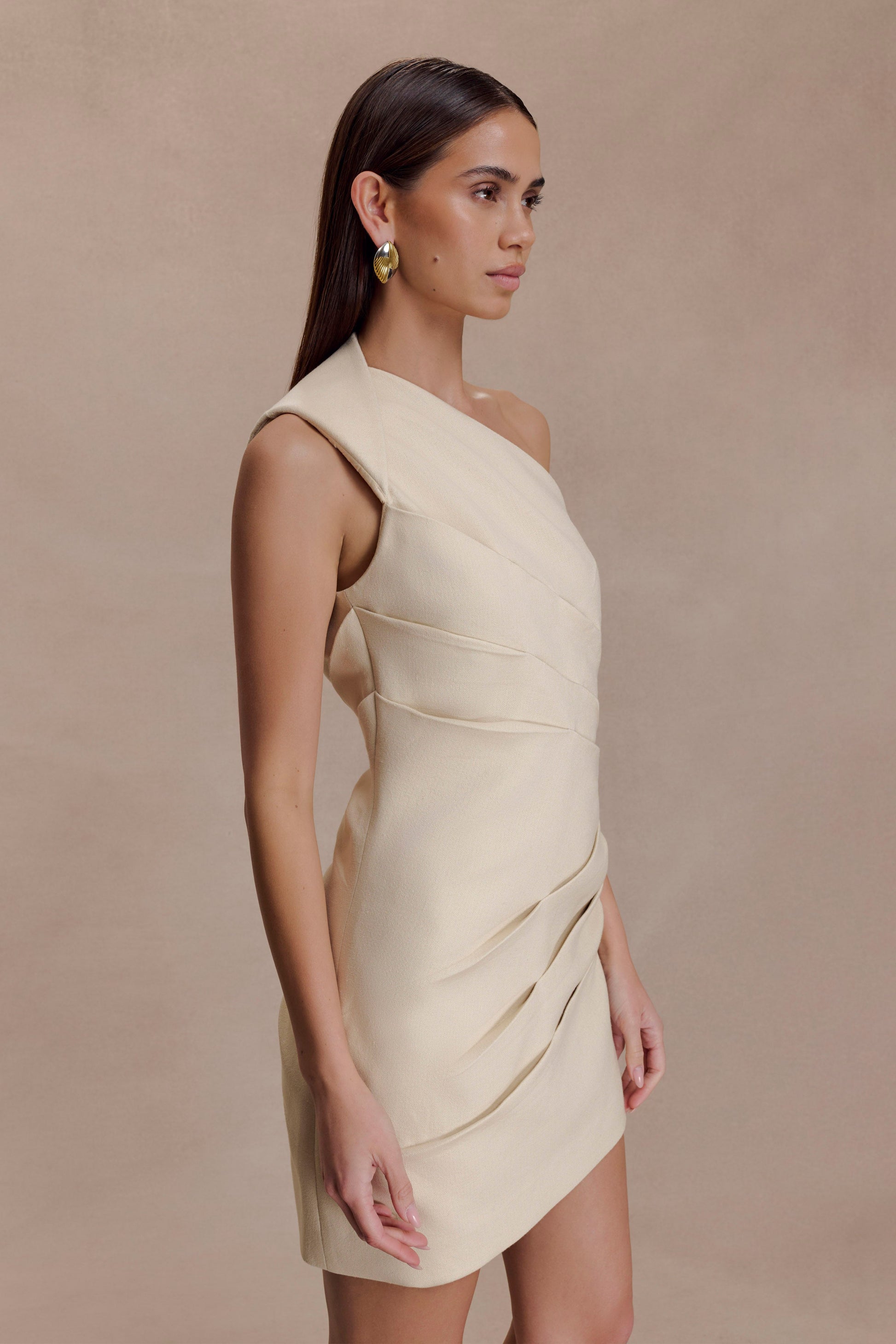 Helena One Shoulder Linen Mini Dress - Natural Beige #4