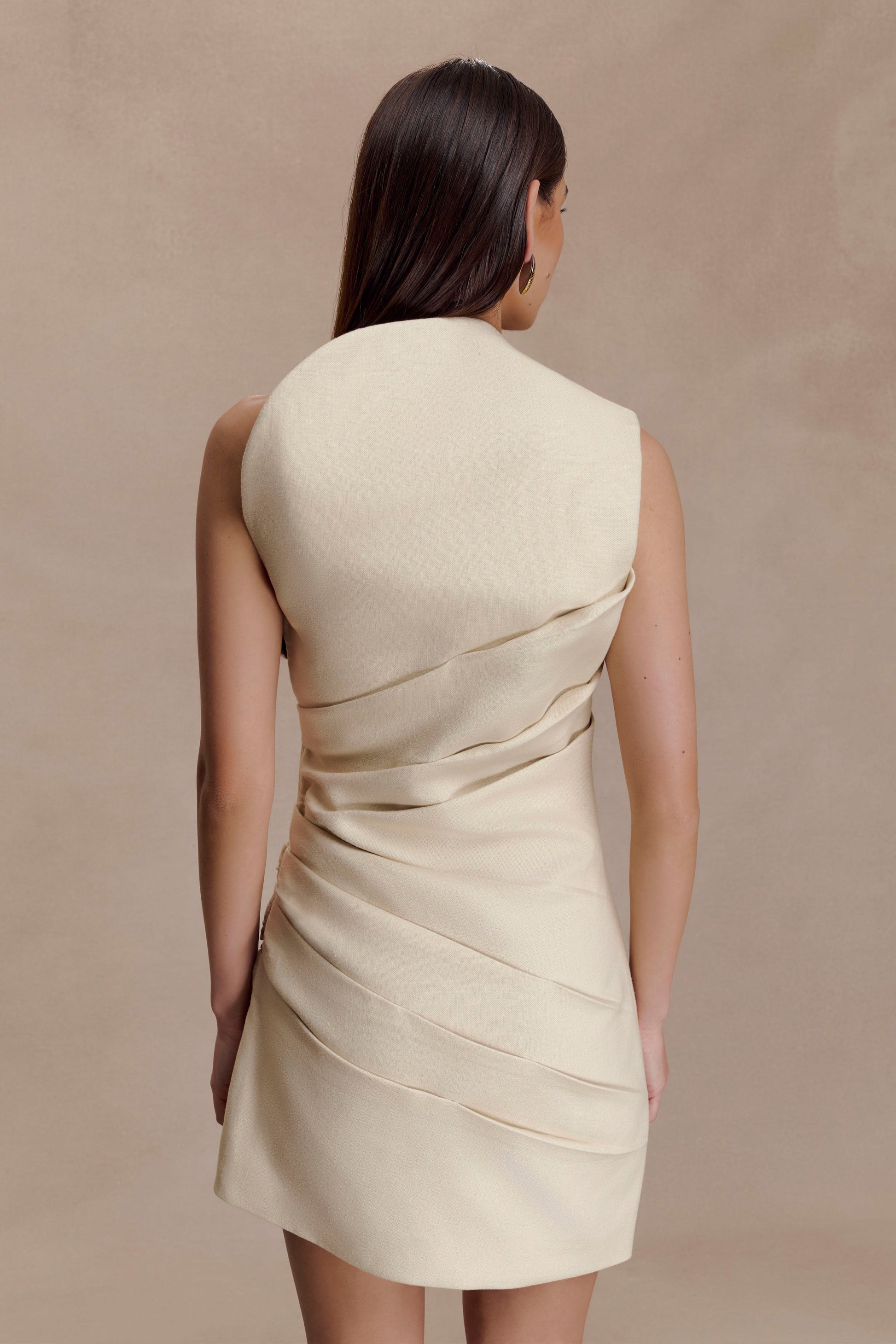 Helena One Shoulder Linen Mini Dress - Natural Beige #5