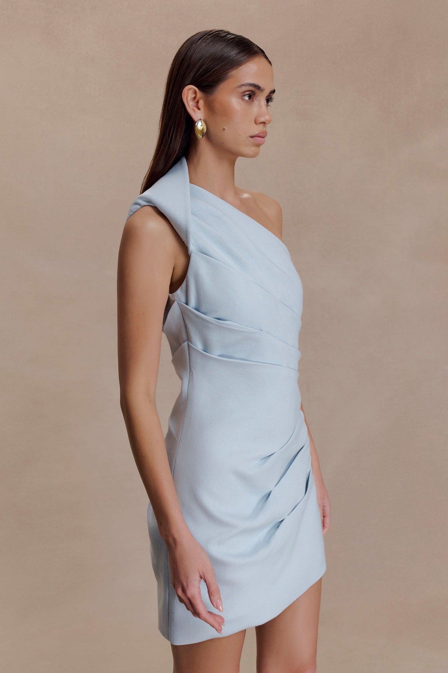 Helena One Shoulder Linen Mini Dress - Powder Blue