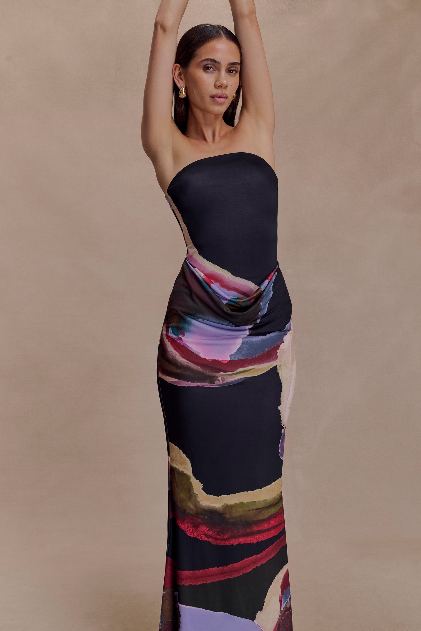Madison Strapless Slinky Maxi Dress - Multi Fluid Reverie Print