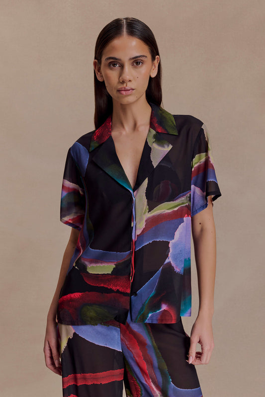 Rachel Chiffon Short Sleeve Shirt - Multi Fluid Reverie Print