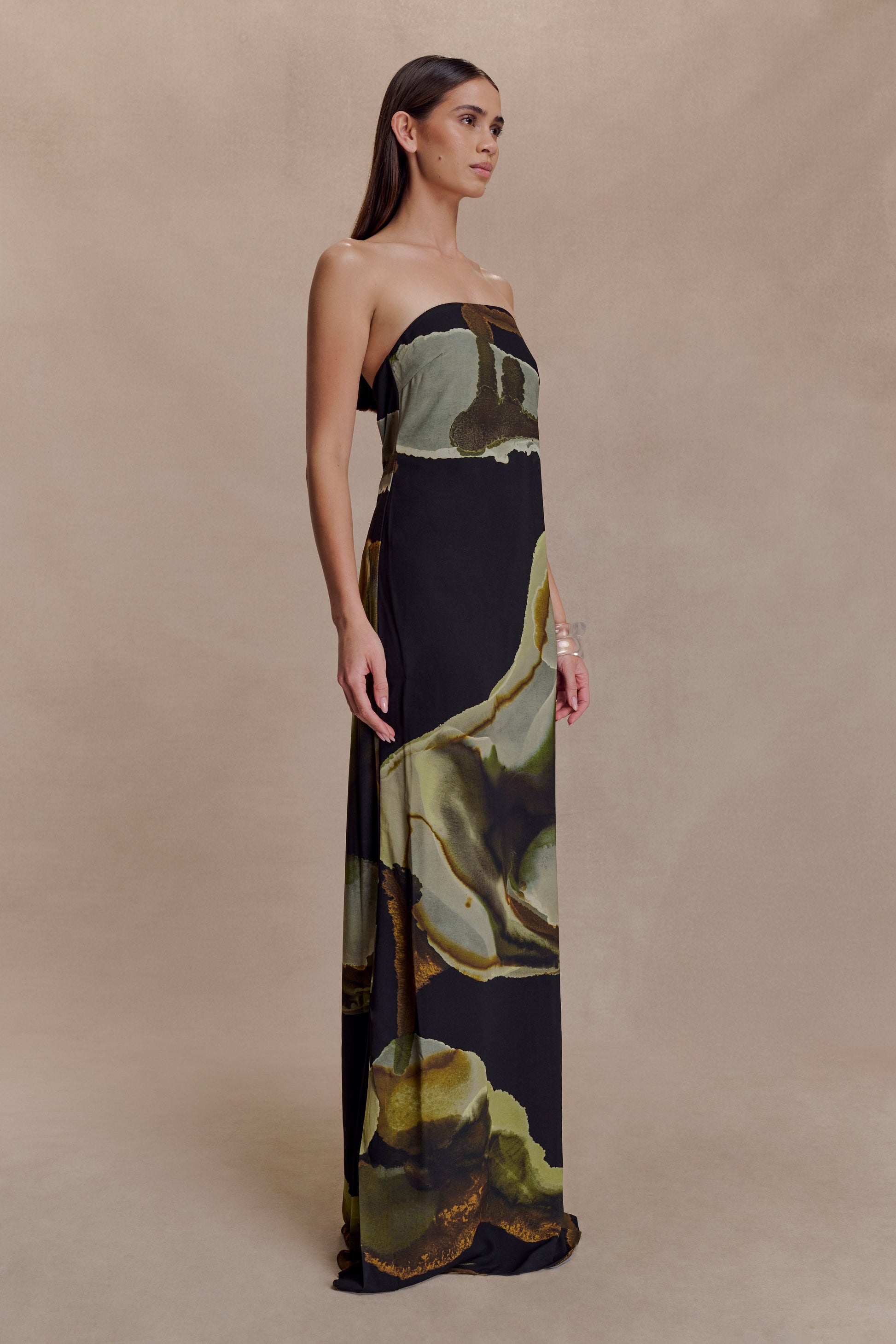 Amaya Strapless Chiffon Maxi Dress - Green Fluid Reverie Print #2