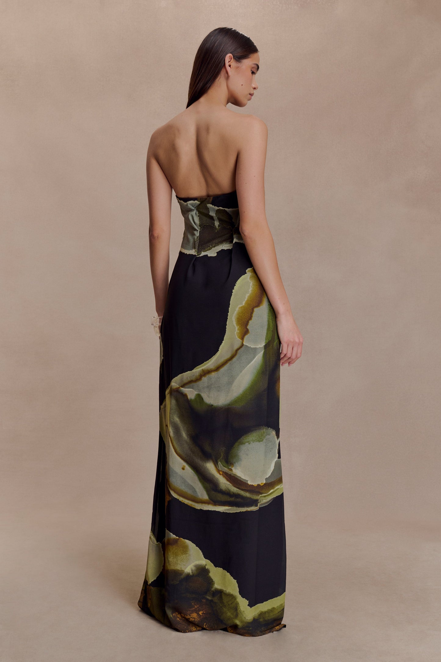 Amaya Strapless Chiffon Maxi Dress - Green Fluid Reverie Print