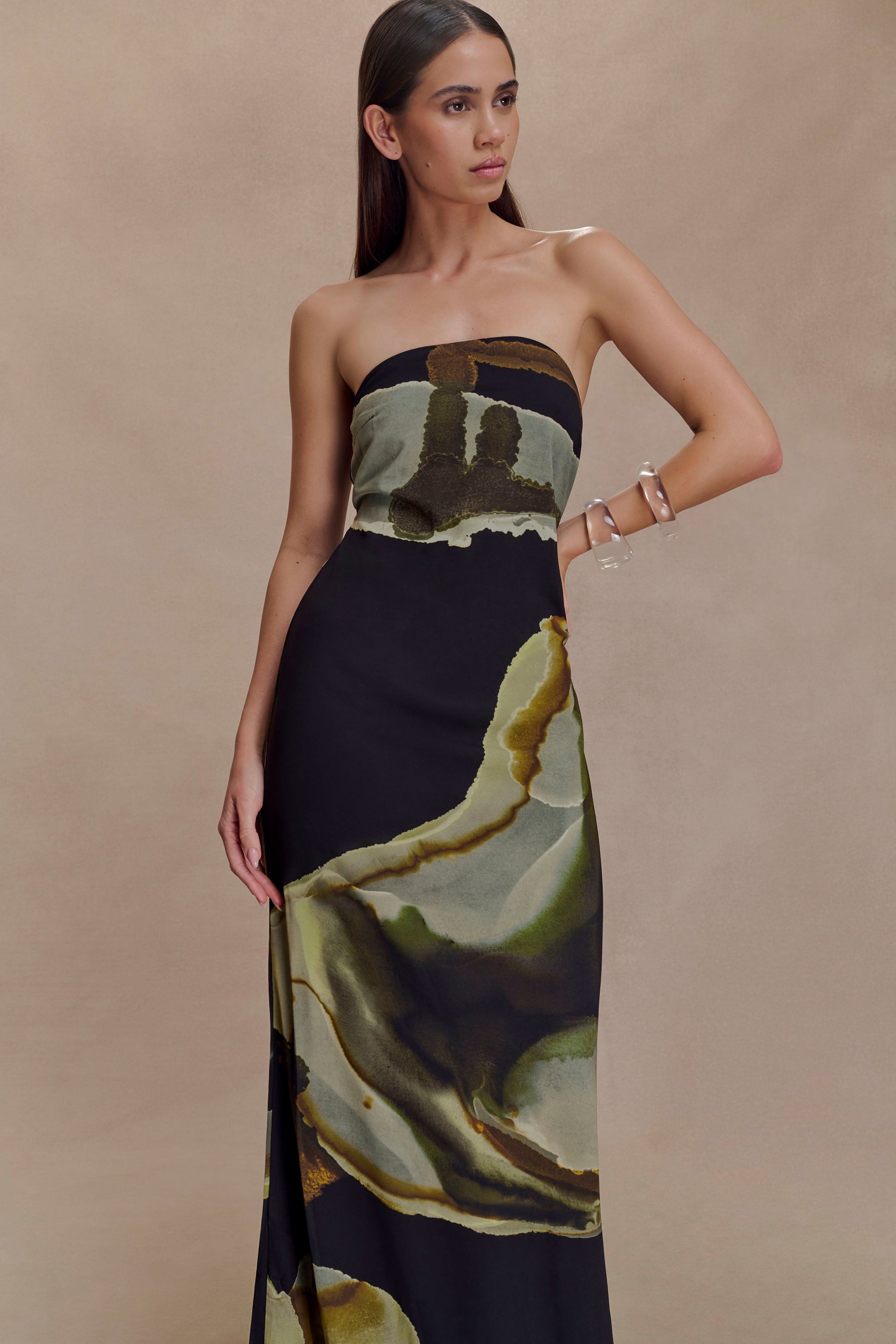 Amaya Strapless Chiffon Maxi Dress - Green Fluid Reverie Print #3