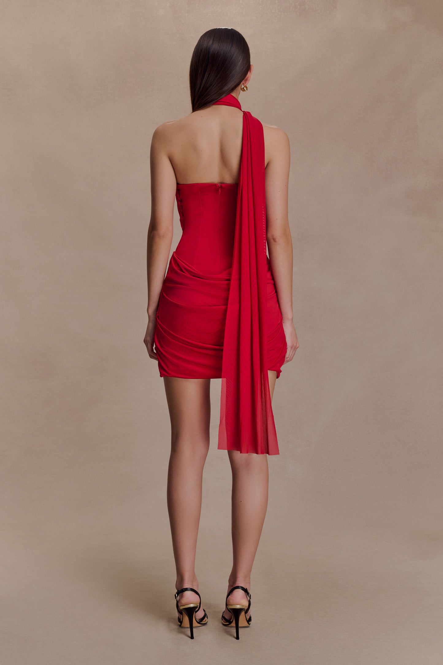 Mattea Slinky And Mesh Mini Dress With Scarf - Red
