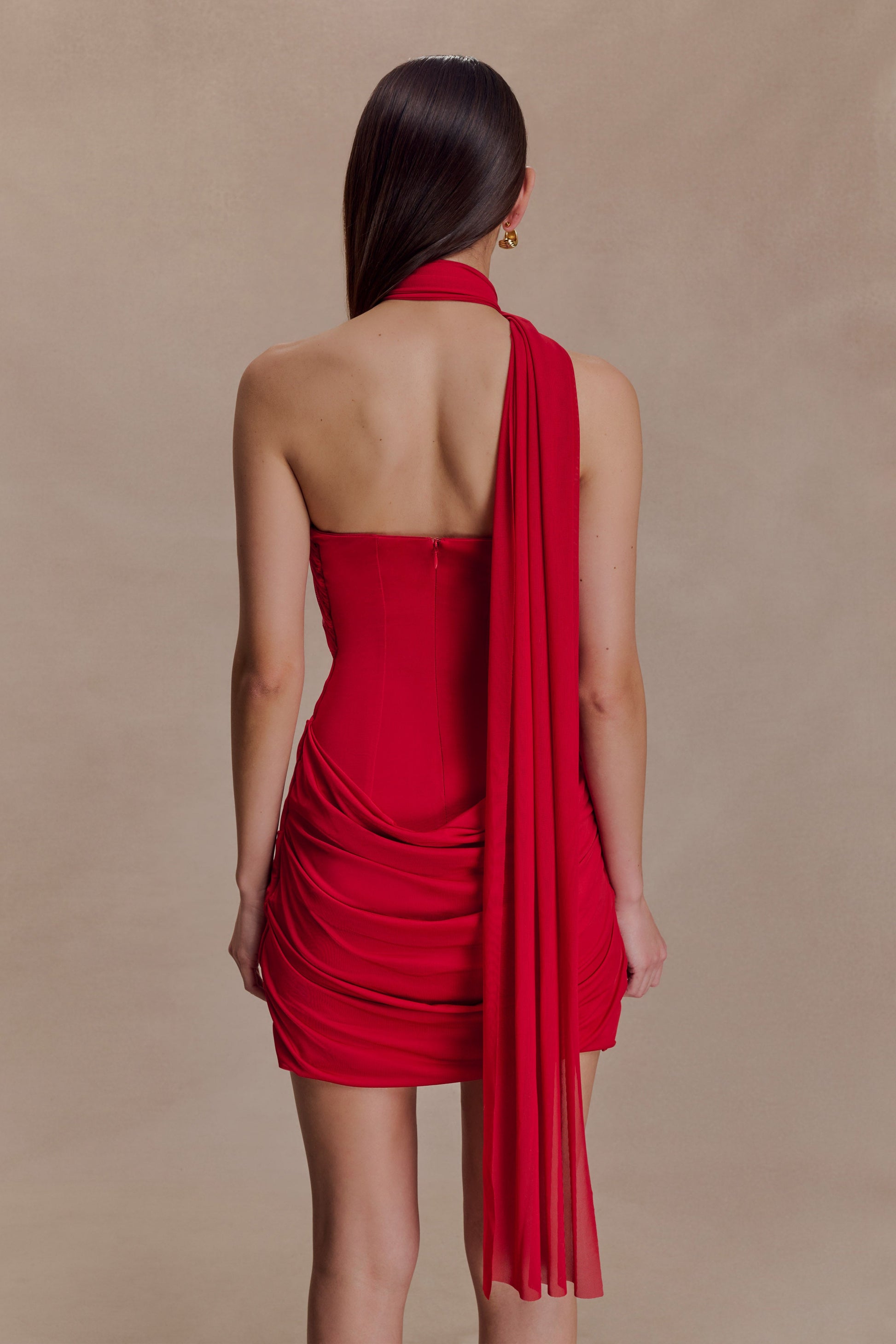 Mattea Slinky And Mesh Mini Dress With Scarf - Red #2