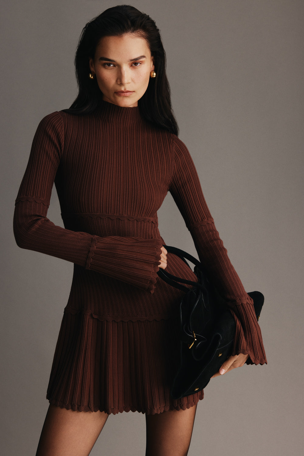 Adena Pointelle Knit Mini Dress - Chocolate #9