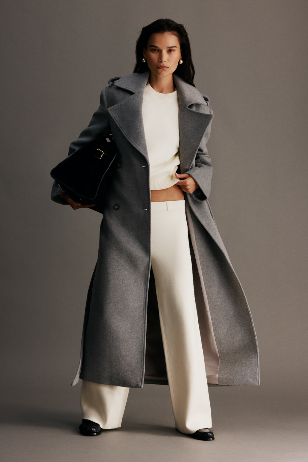 Levi Long Trench Wool Coat - Grey Marle