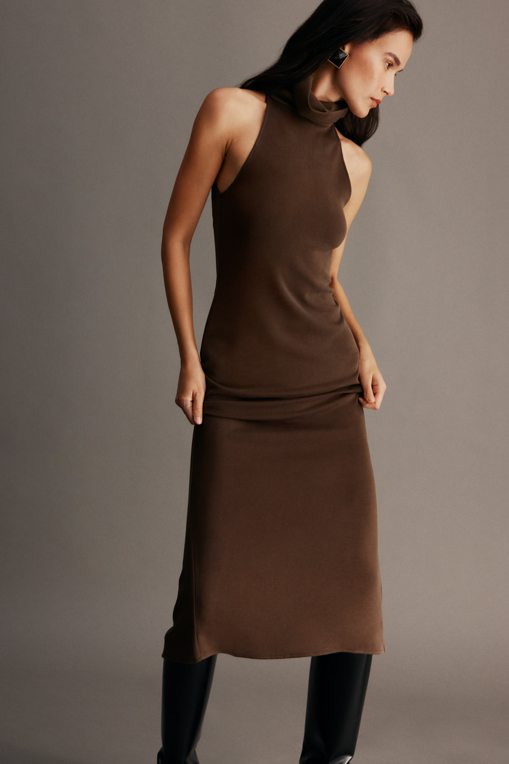 Kennedy High Neck Midi Dress - Chocolate