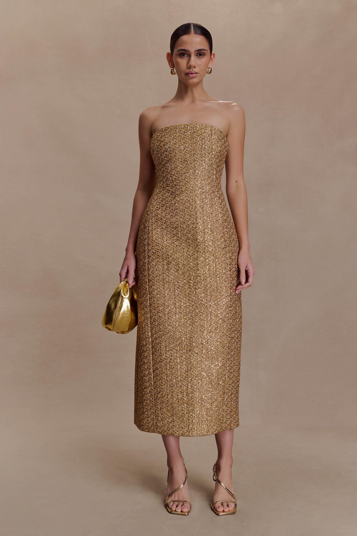 Gala Strapless Tweed Midi Dress - Gold