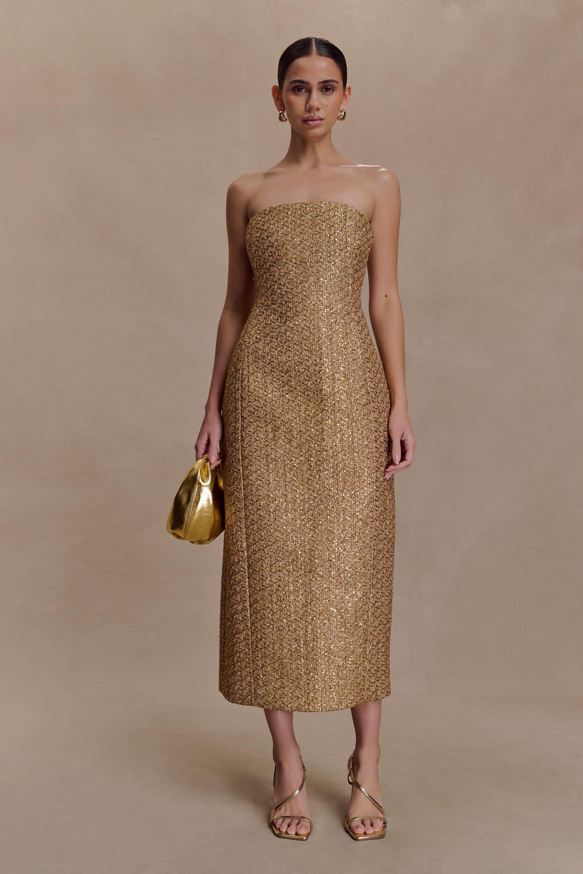 Gala Strapless Tweed Midi Dress - Gold #6