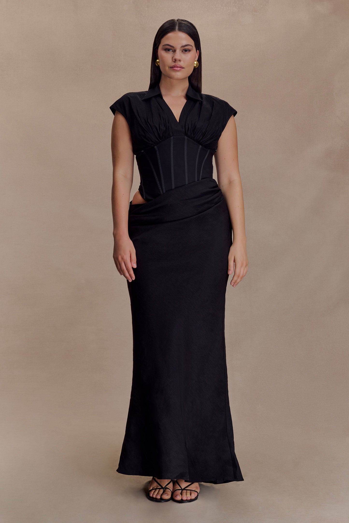 Saphira Shirt Corset Maxi Dress - Black