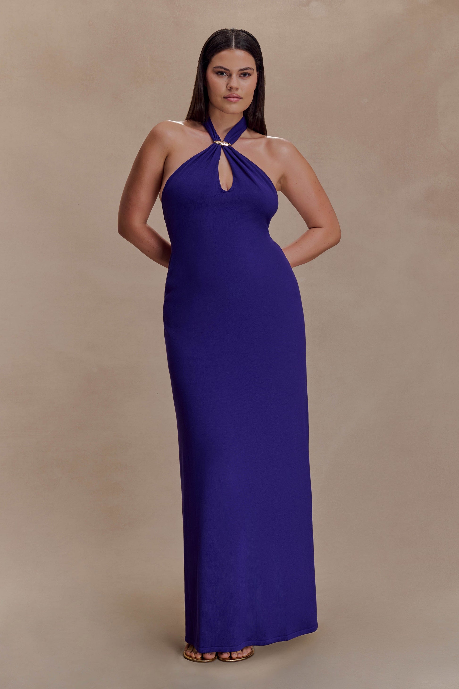 Ozias Halter Semi Sheer Knit Maxi Dress - Deep Purple | MESHKI UK Ozias Halter Semi Sheer Knit Maxi Dress - Deep Purple | MESHKI UK