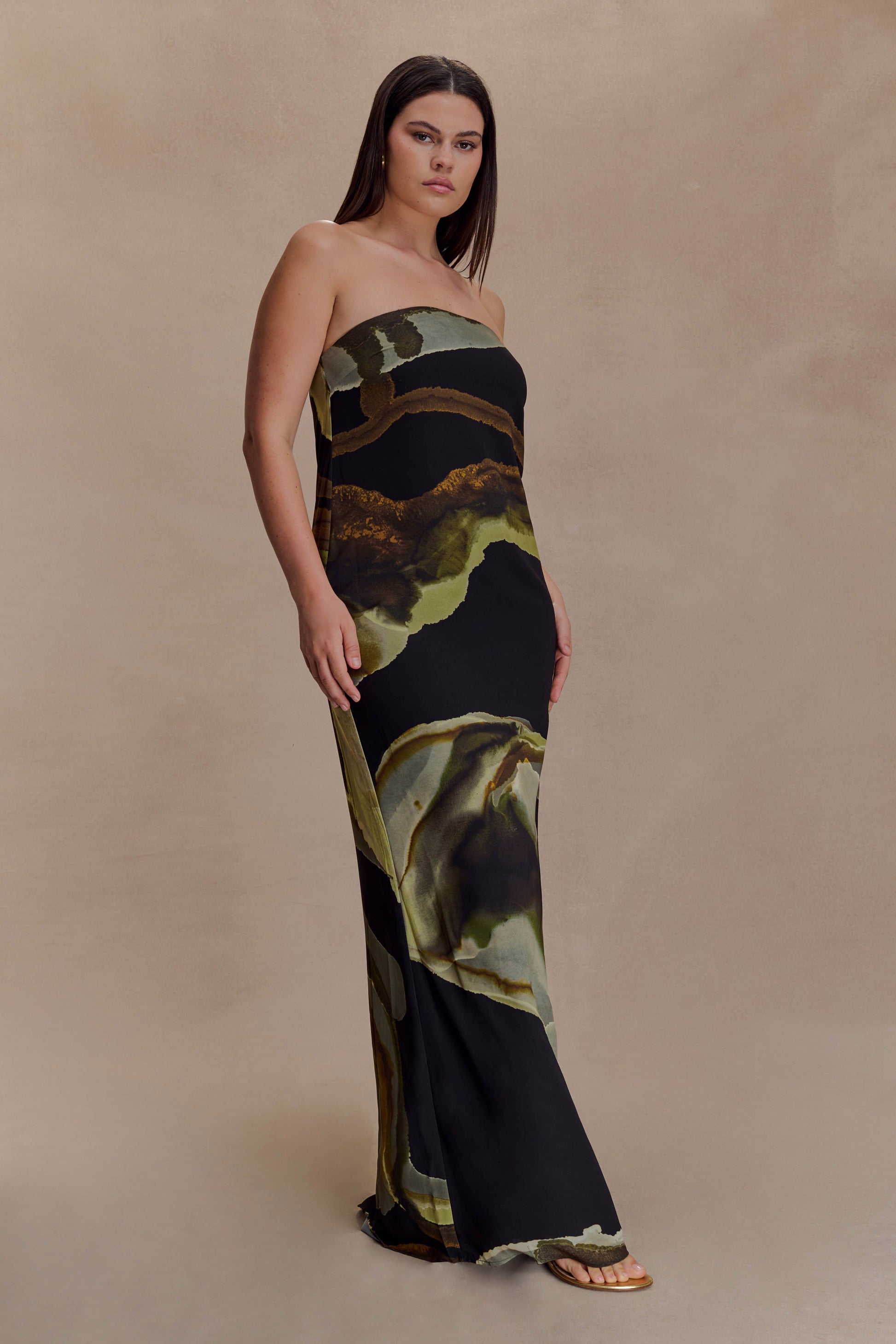 Amaya Strapless Chiffon Maxi Dress - Green Fluid Reverie Print #4