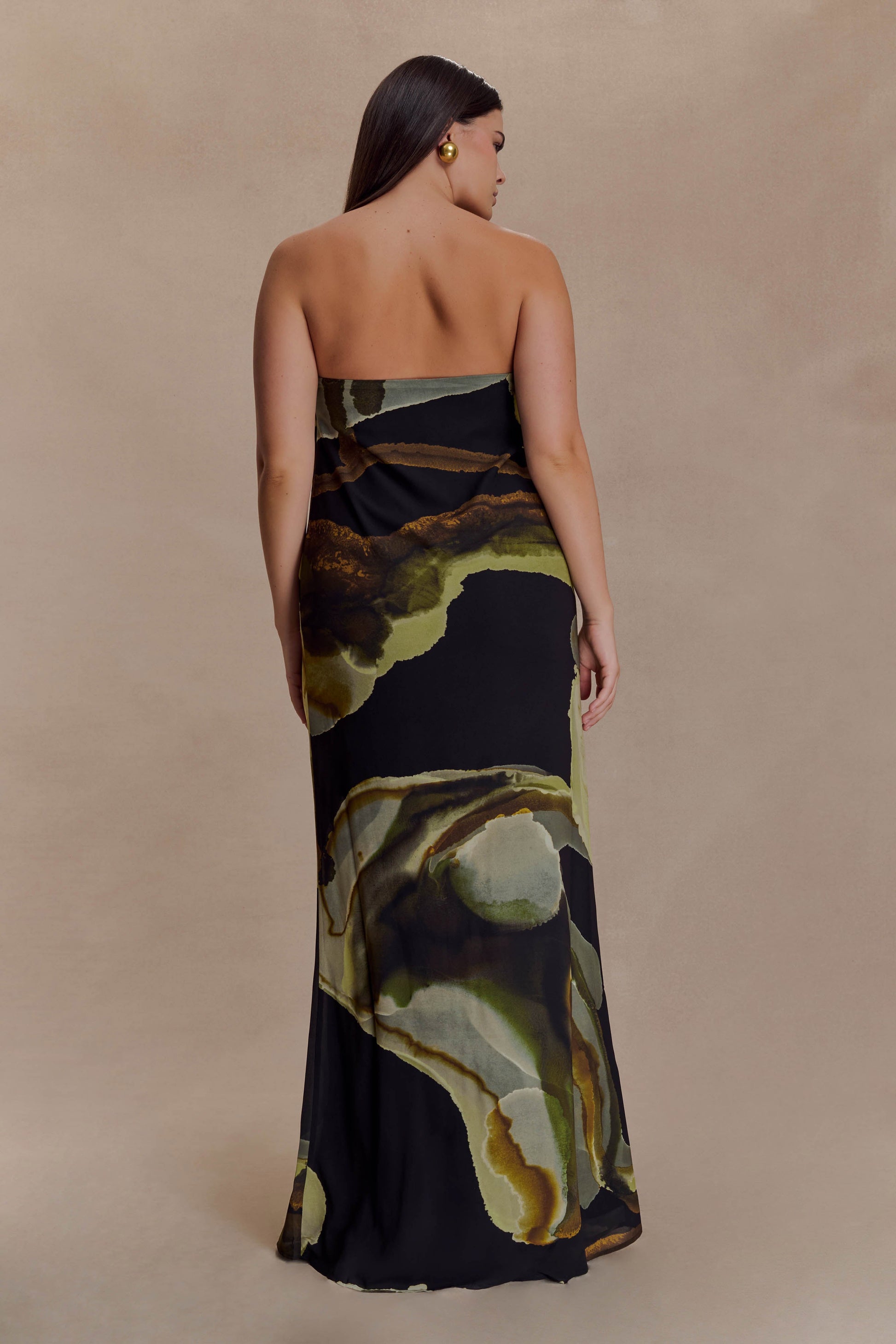 Amaya Strapless Chiffon Maxi Dress - Green Fluid Reverie Print #5